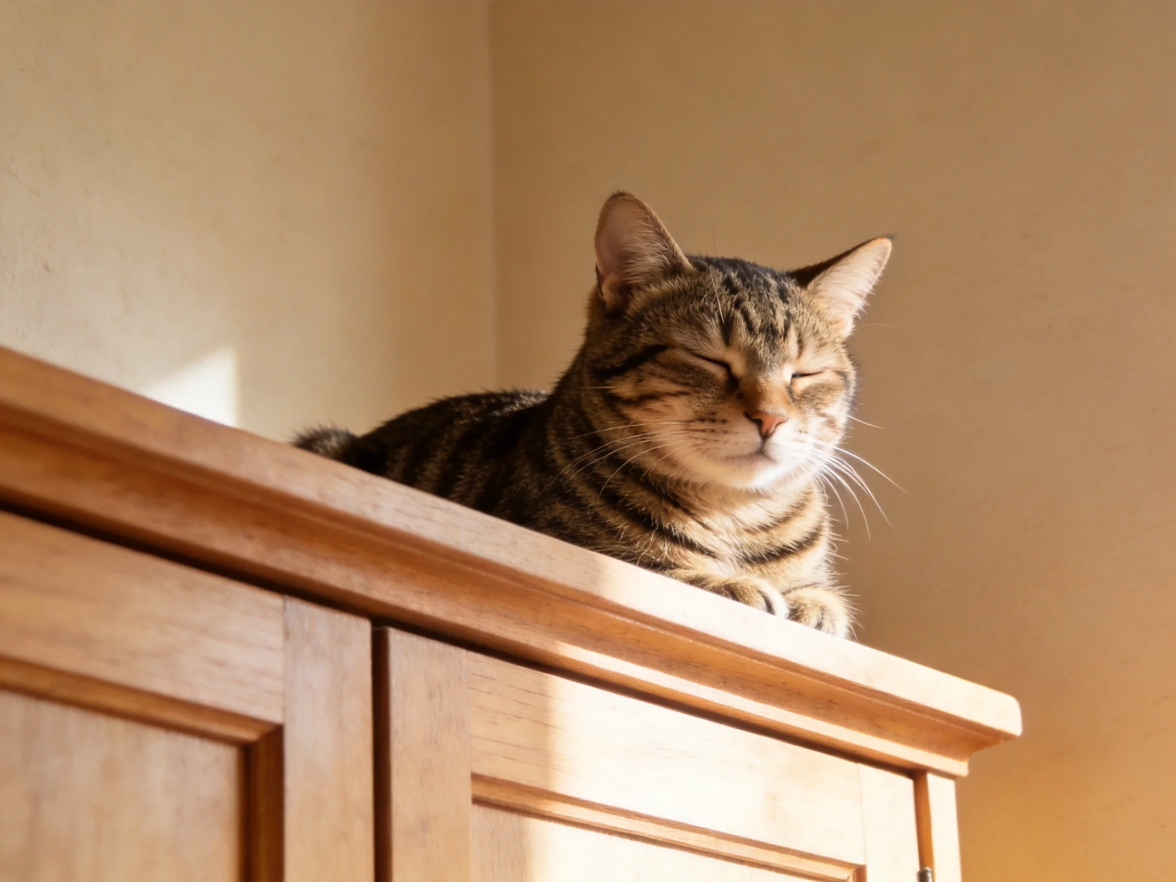 A content tabby cat rests atop a wooden cabinet near a beige wall