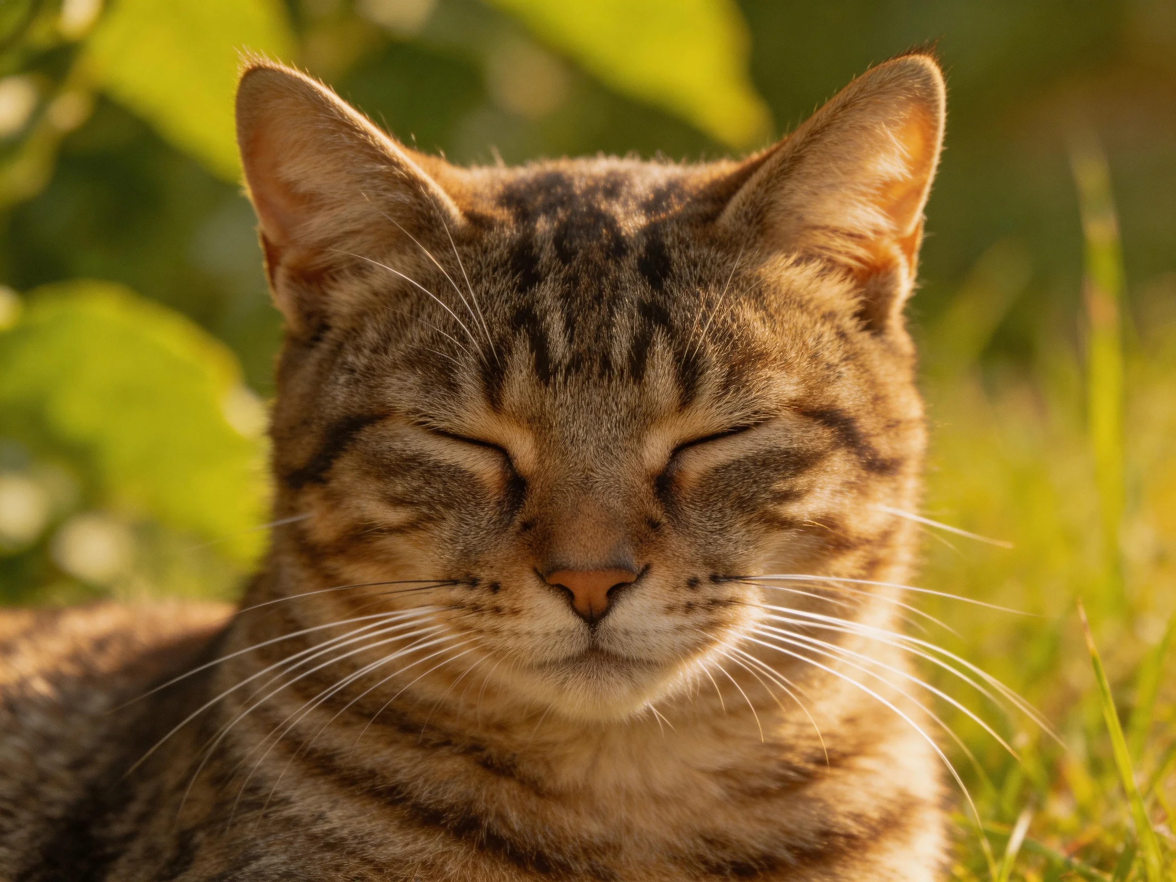 A content tabby cat rests in sun-drenched greenery
