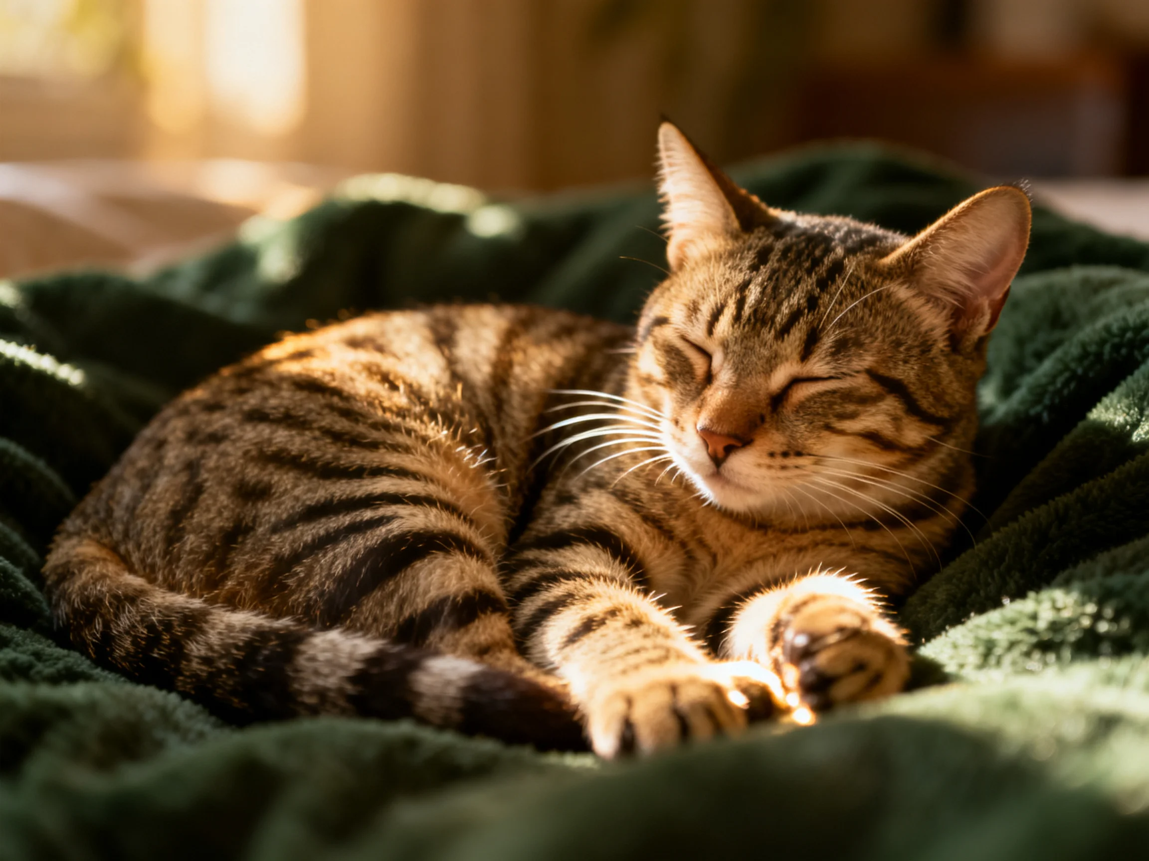 A content tabby cat rests on a plush dark green blanket in warm sunlight