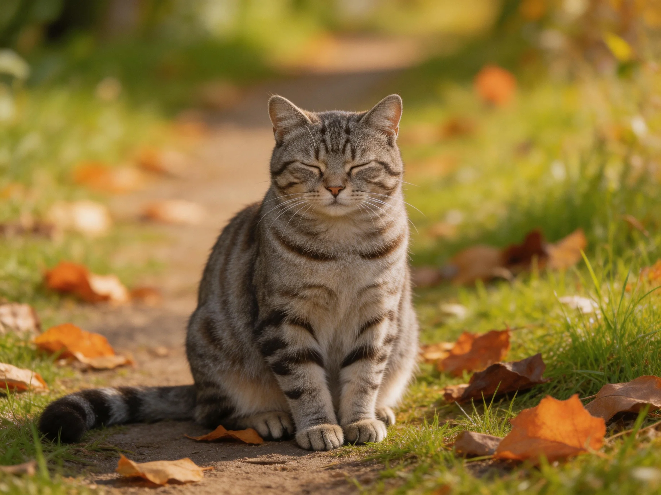 A content tabby cat sits amid scattered autumn leaves on a sunlit path