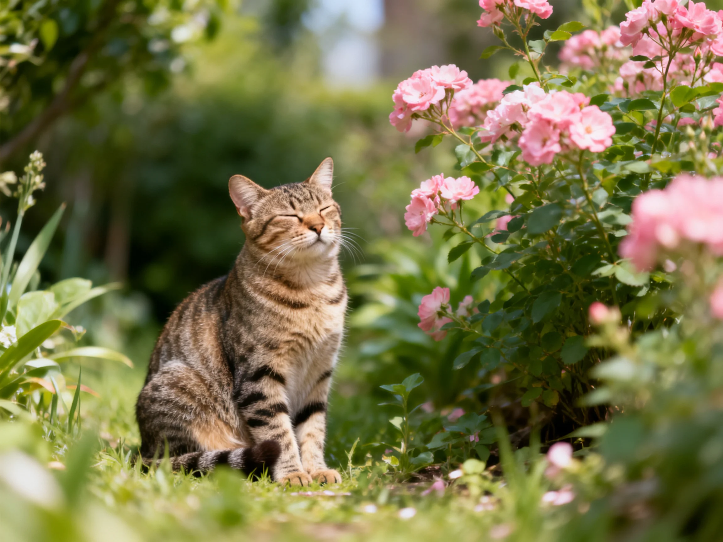 A content tabby cat sits beside vibrant pink roses in a lush garden.