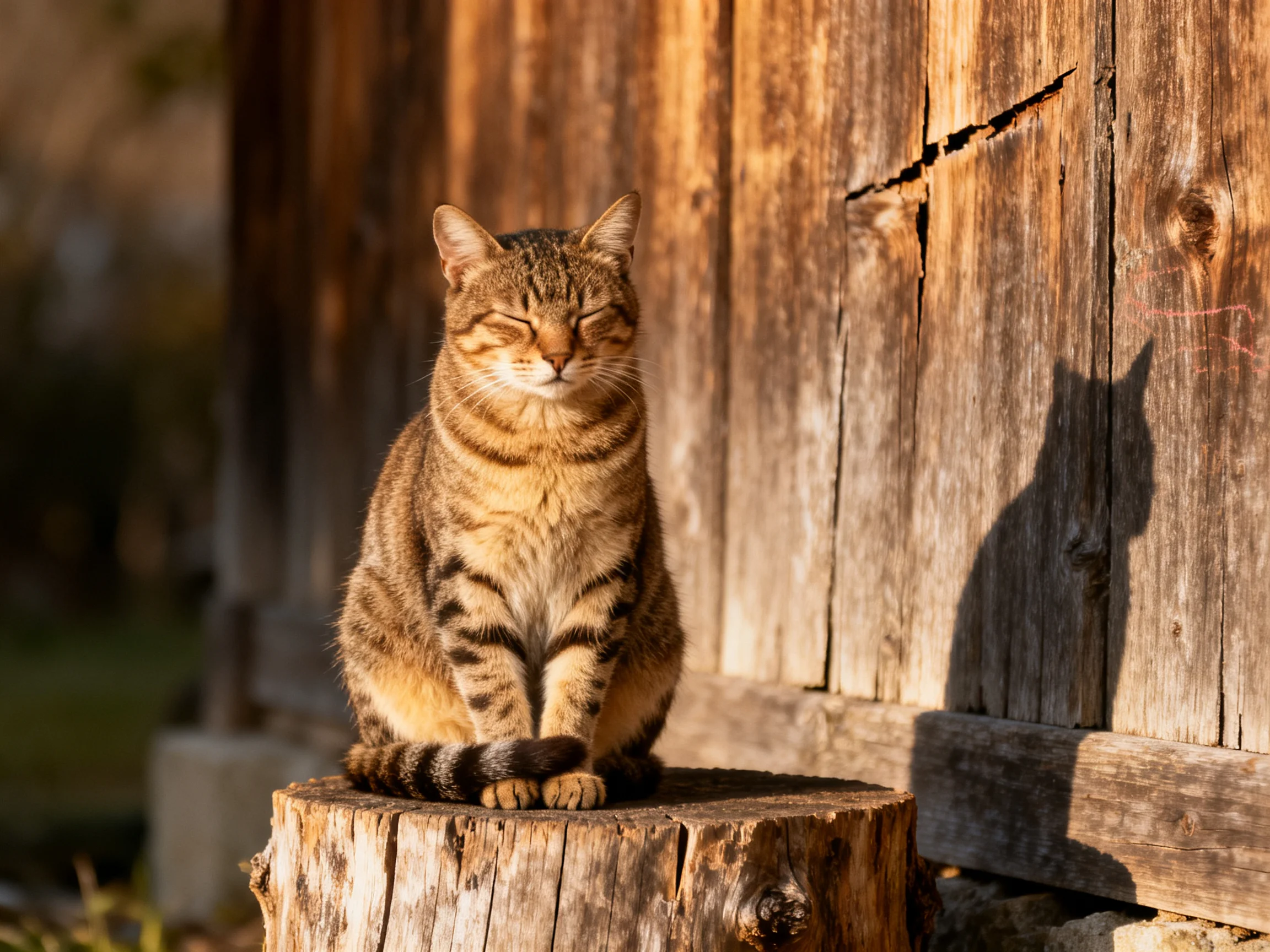 A content tabby cat sits on a weathered tree stump near an aged wooden wall