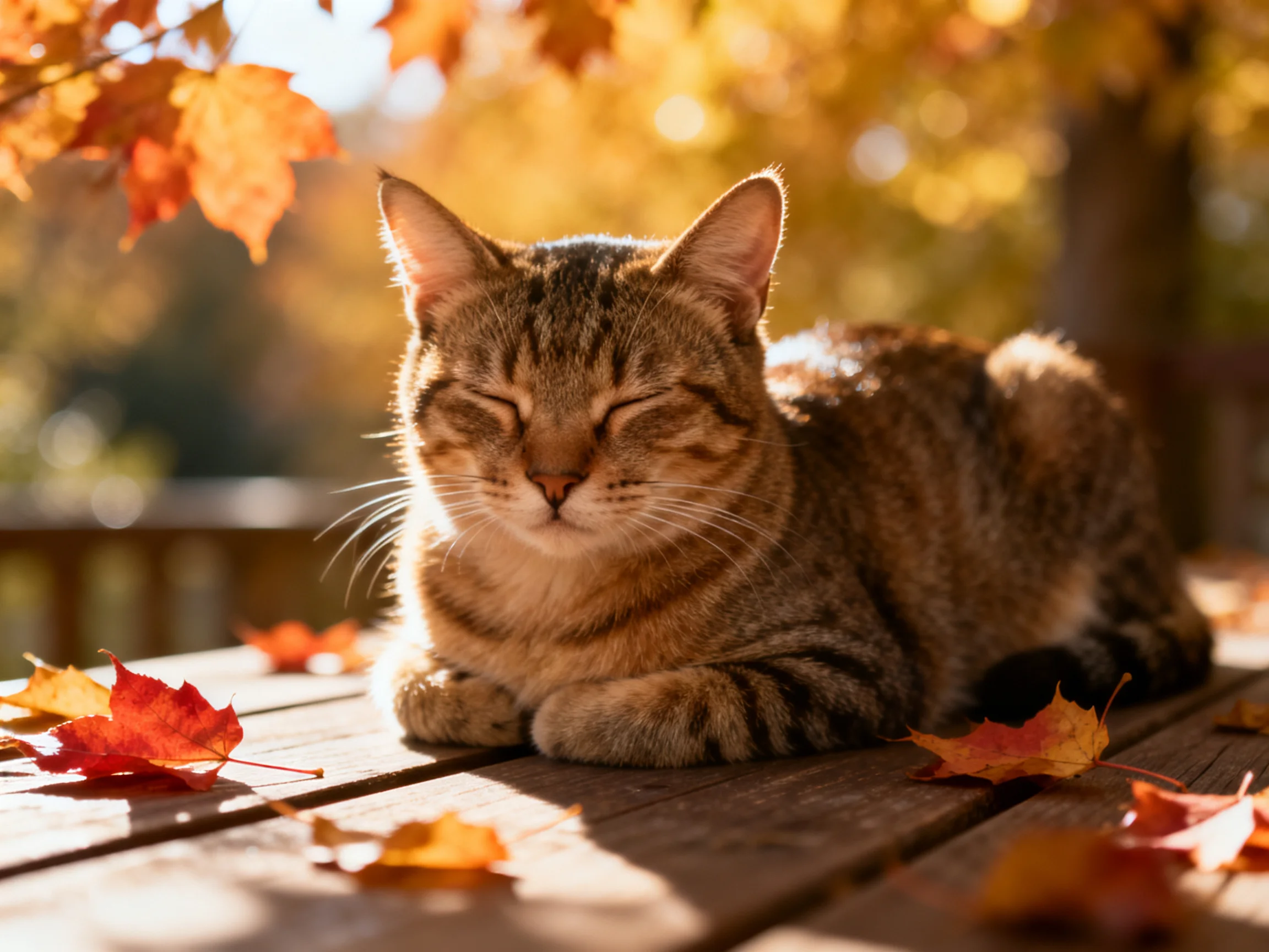 A content tabby catresting among autumn leaves on a wooden deck