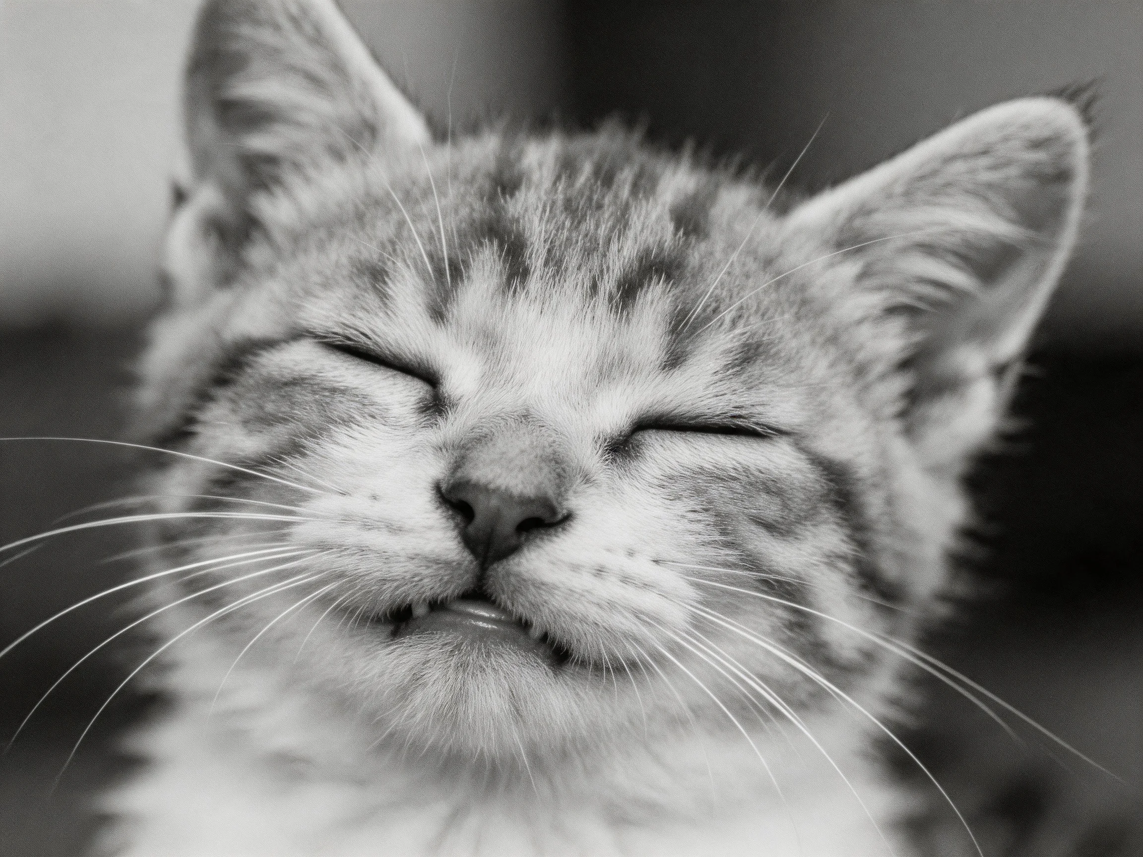 A content tabby kitten with closed eyes in black and white close-up