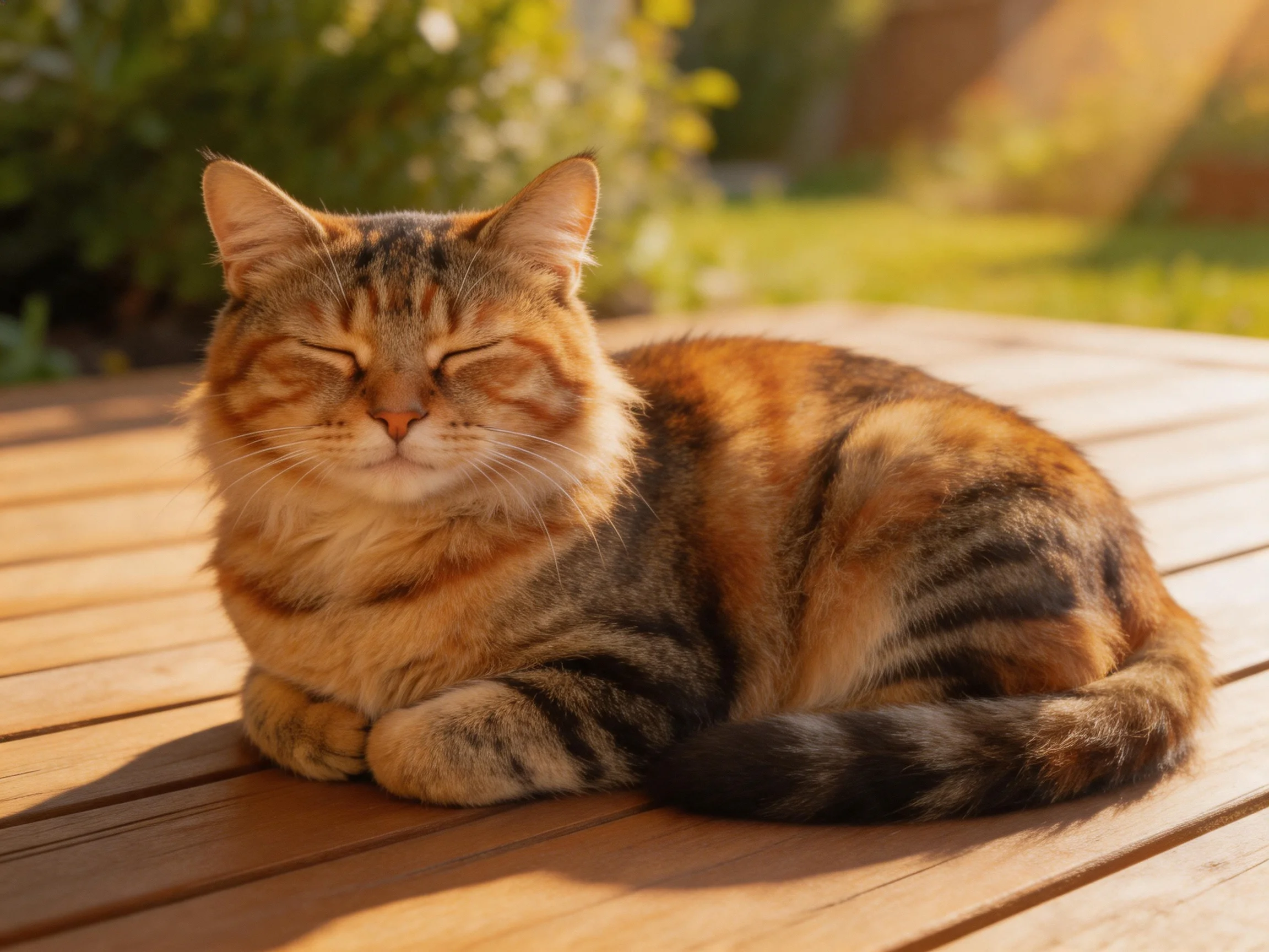A content tortoiseshell cat lounging on a wooden deck in bright sunlight