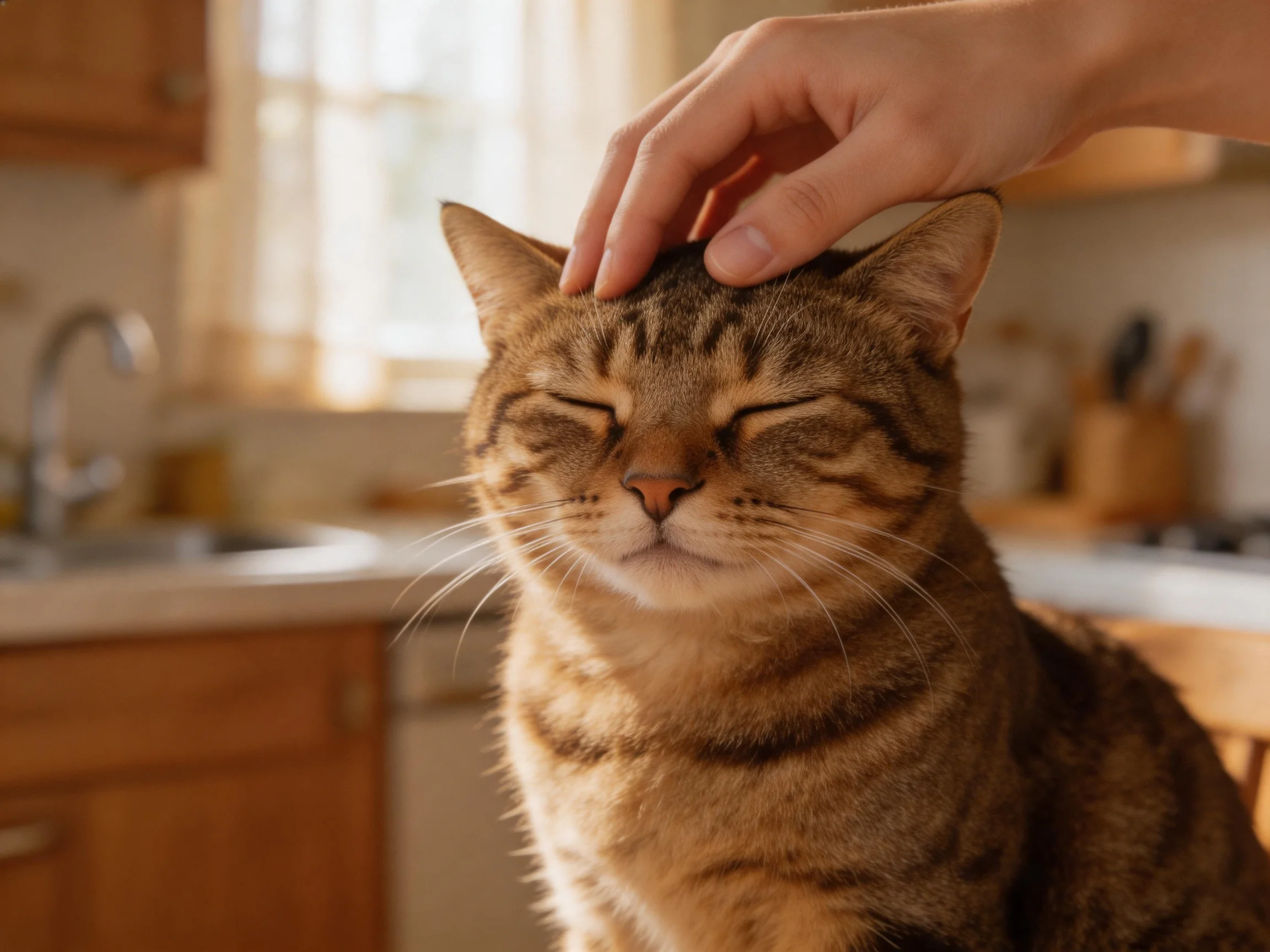 A contented brown tabby cat receives affectionate pets in a cozy kitchen