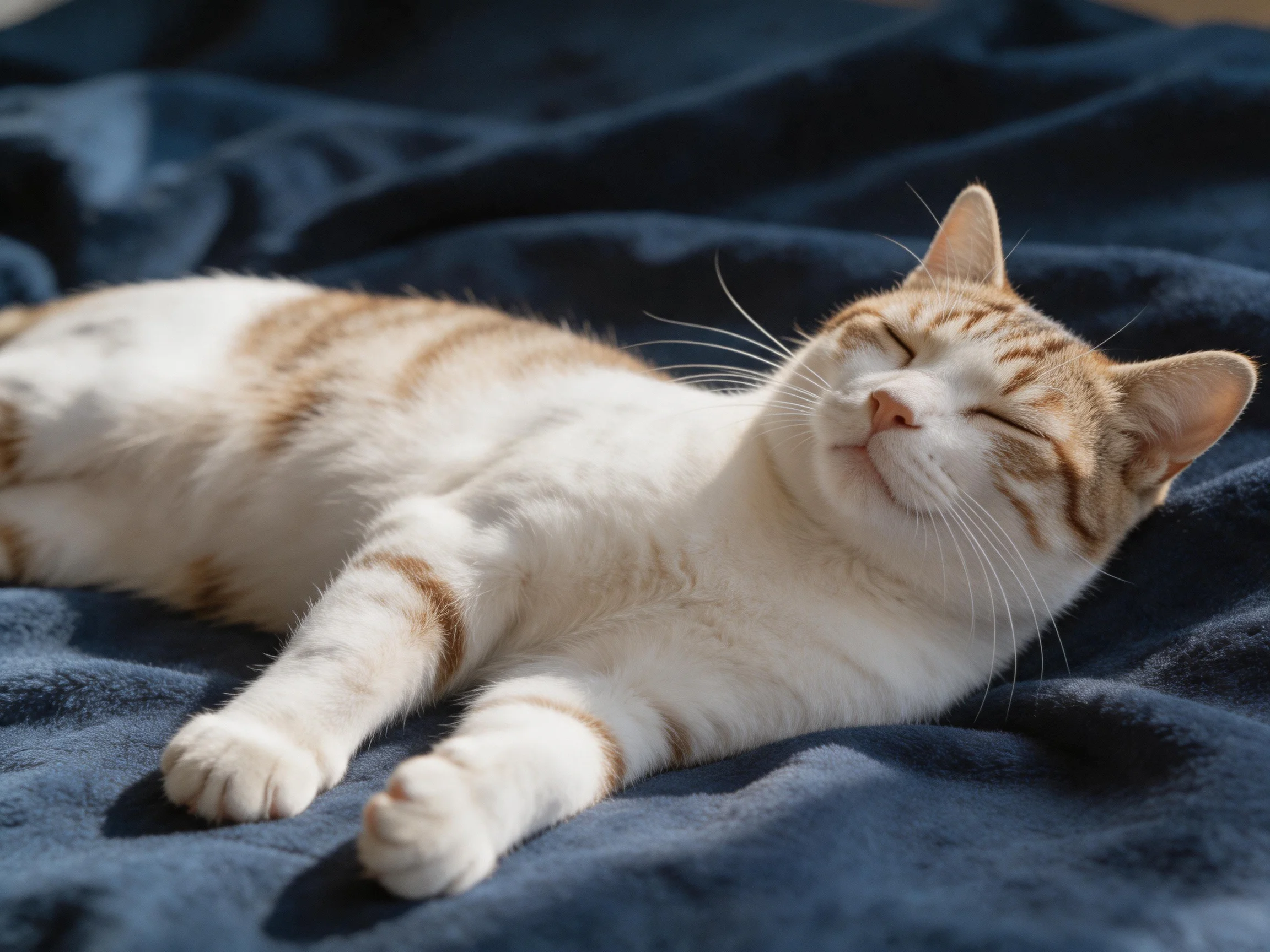 A contented orange-and-white cat napping on a dark blue blanket