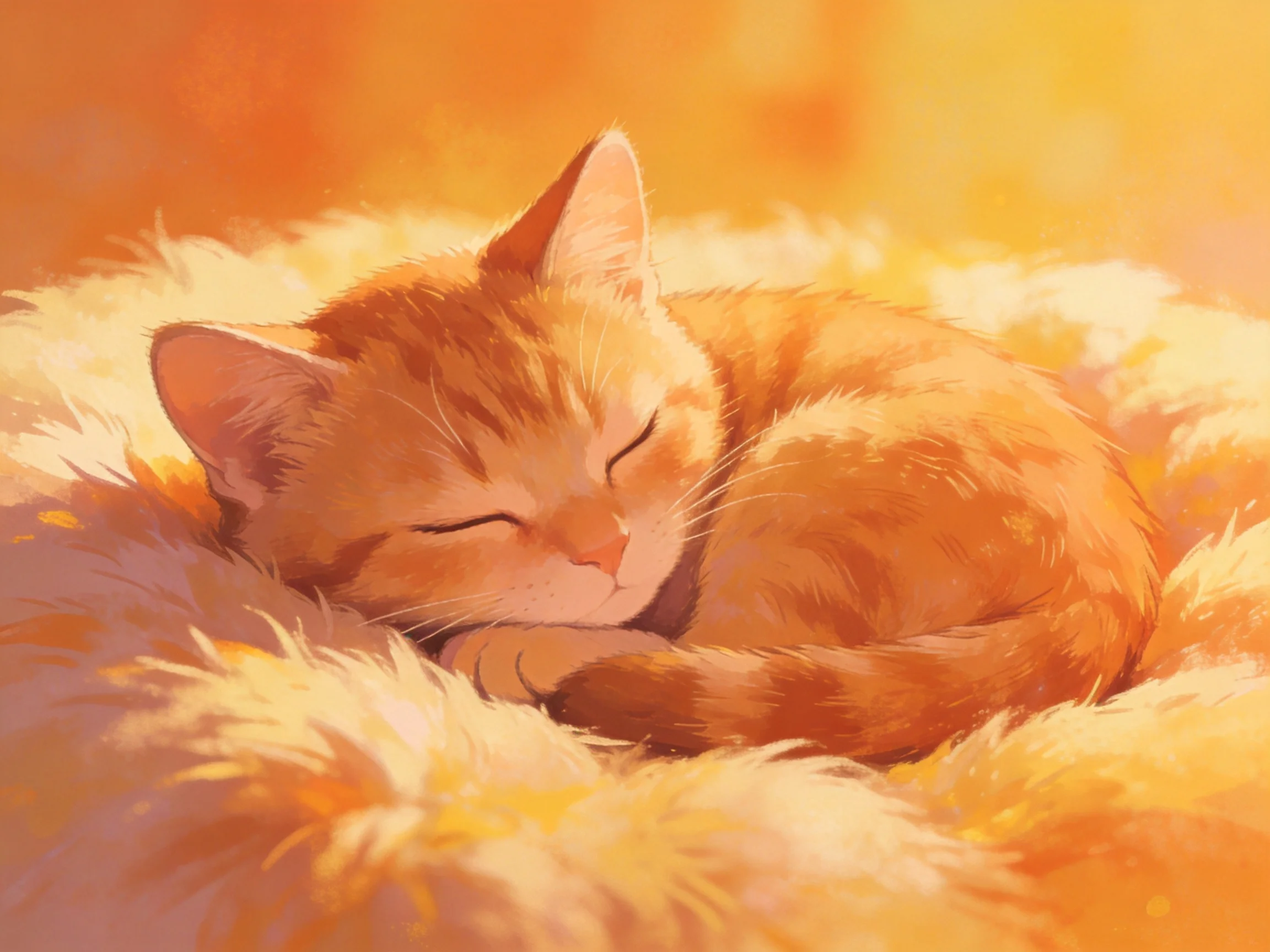 A contented orange tabby cat curled on a soft, golden fur bed