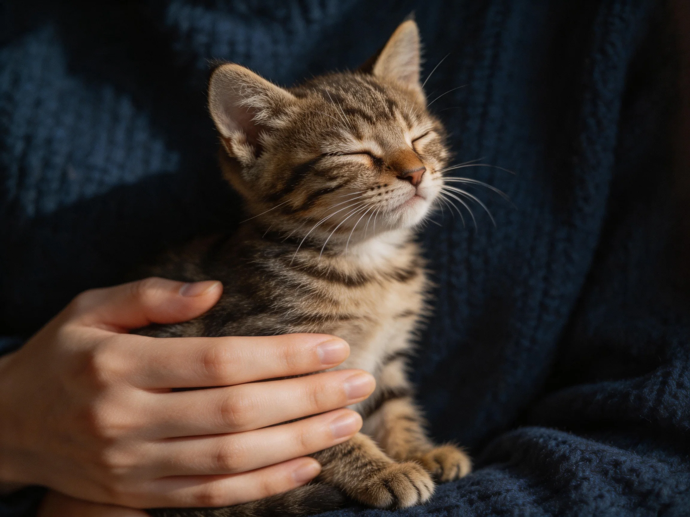A contented tabby kitten nestled in a dark blue knitted garment