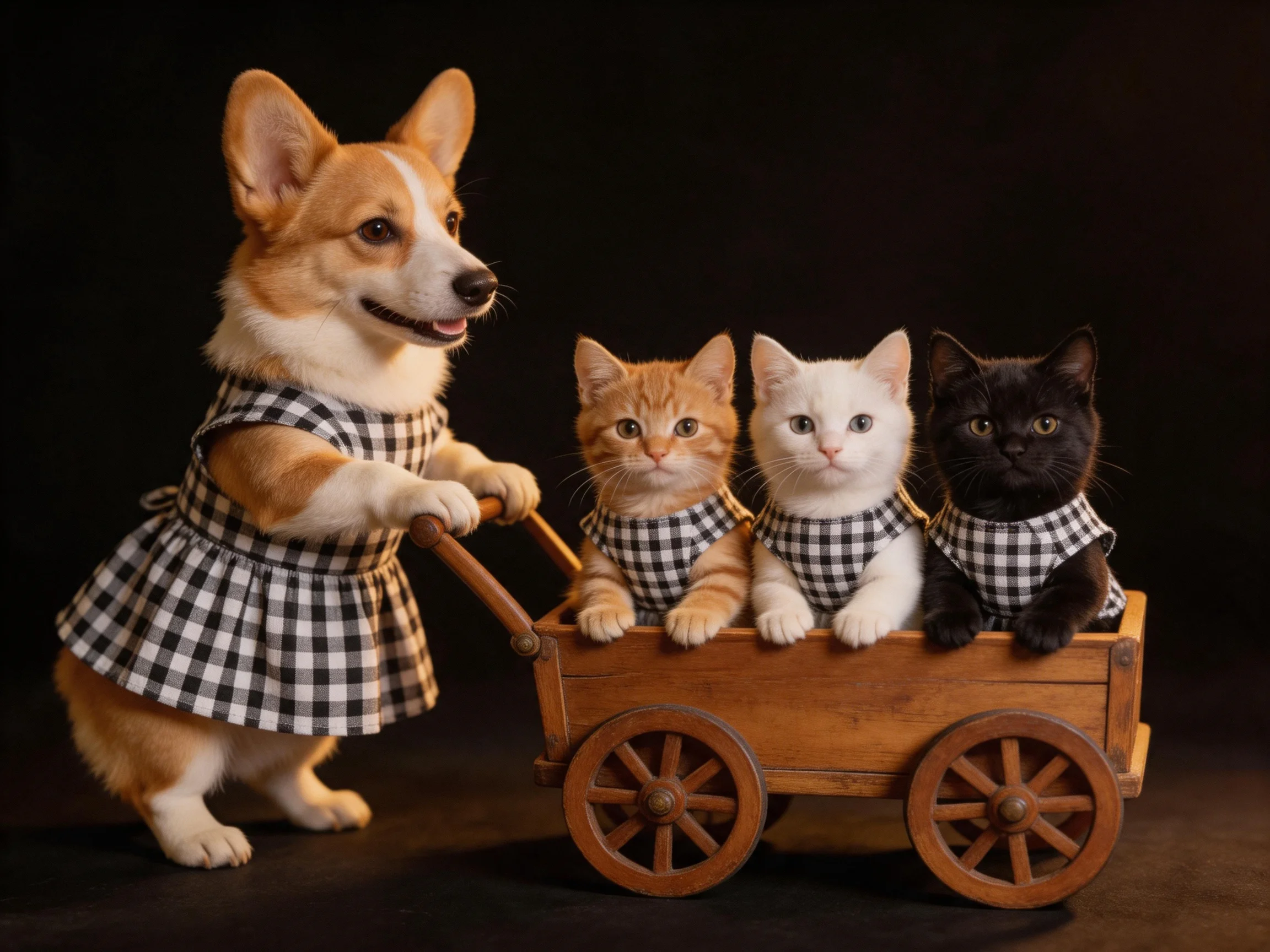 A corgi pushes a cart with three cats in checkered vests