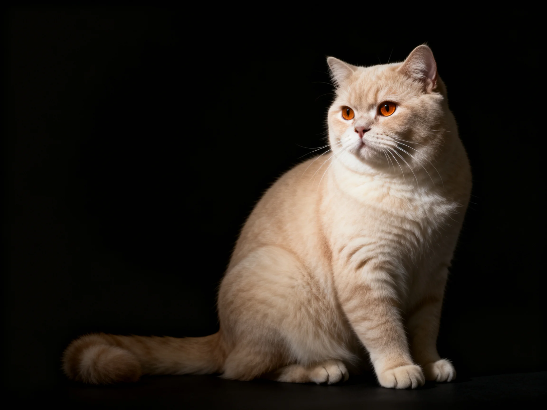 A cream - colored British Shorthair cat sits calmly against a black background.
