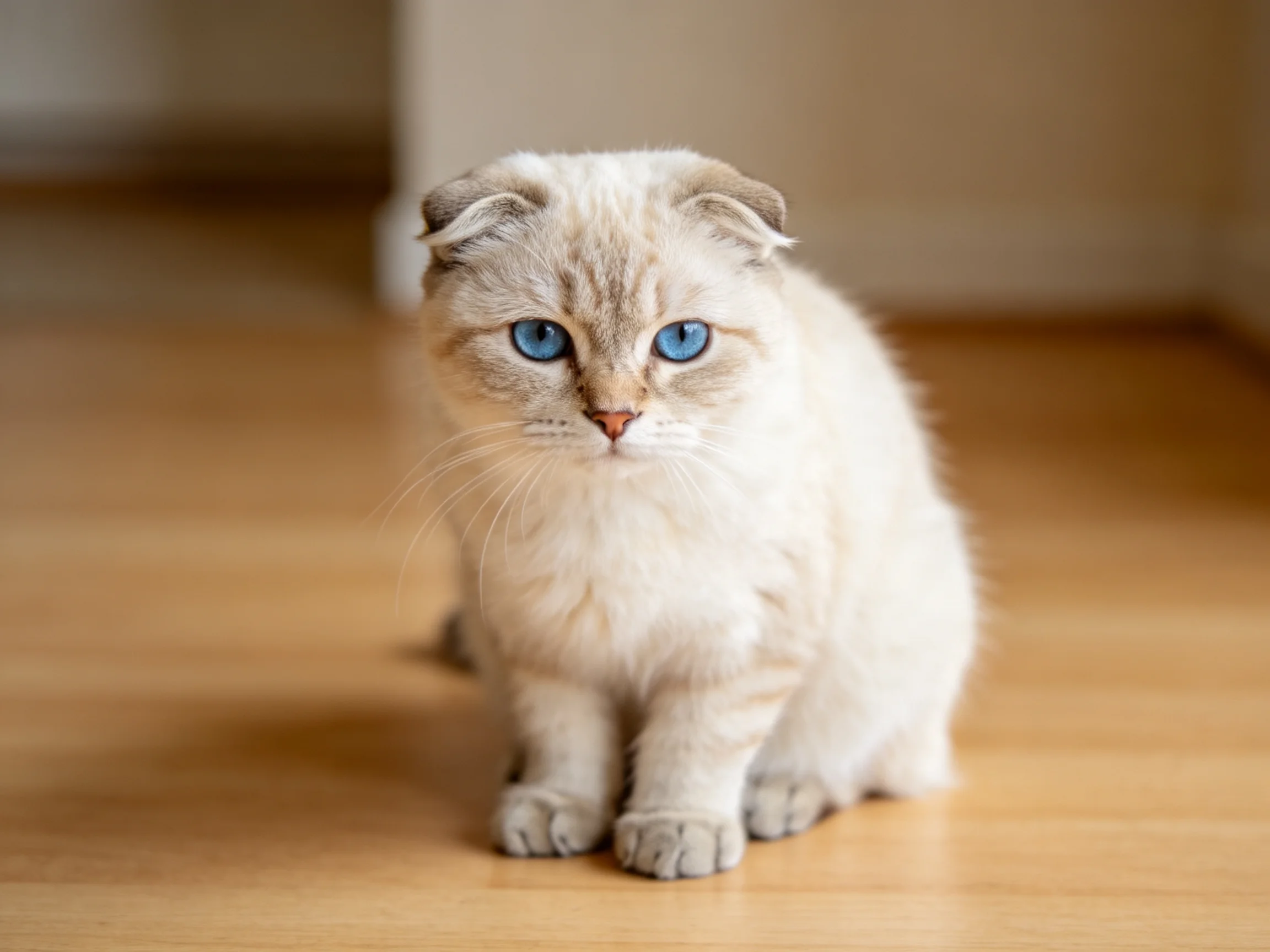 A cream - colored Scottish Fold kitten with bright blue eyes sits on a wooden floor