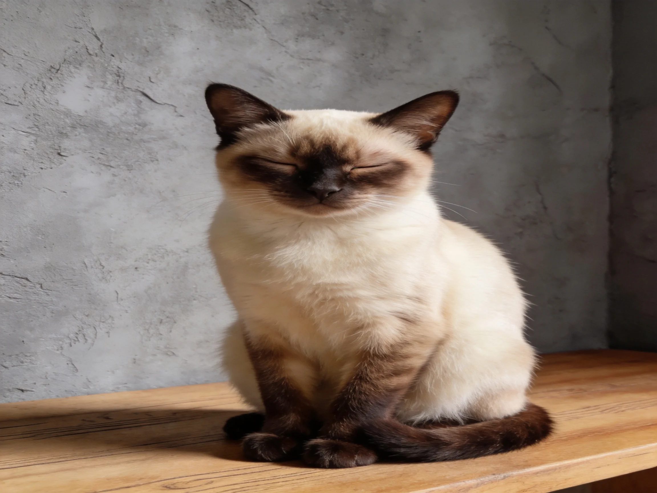 A cream - colored Siamese cat sits on a wooden surface near a gray textured wall