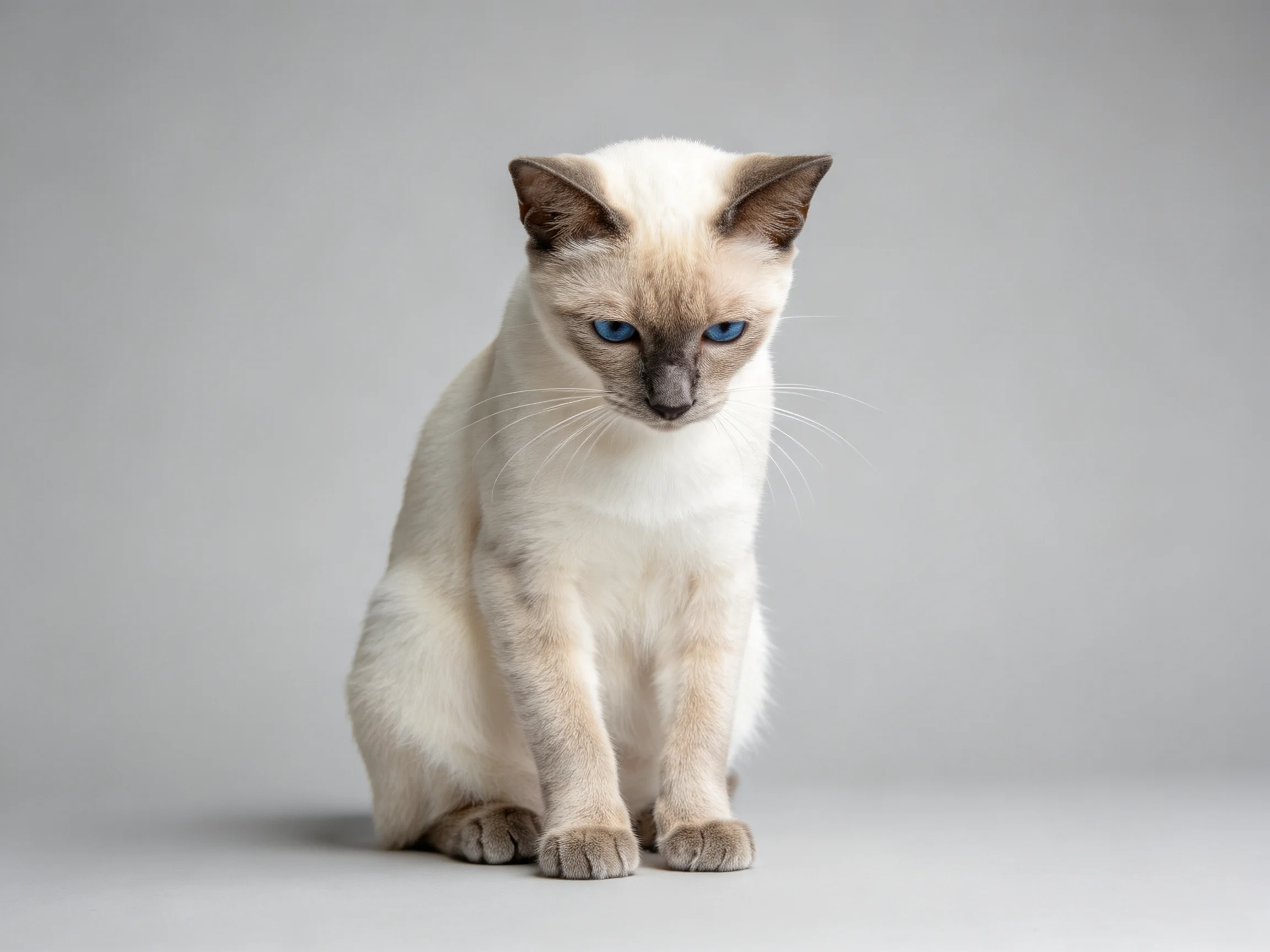 A cream - hued Siamese cat with blue eyes rests on a plain gray surface.