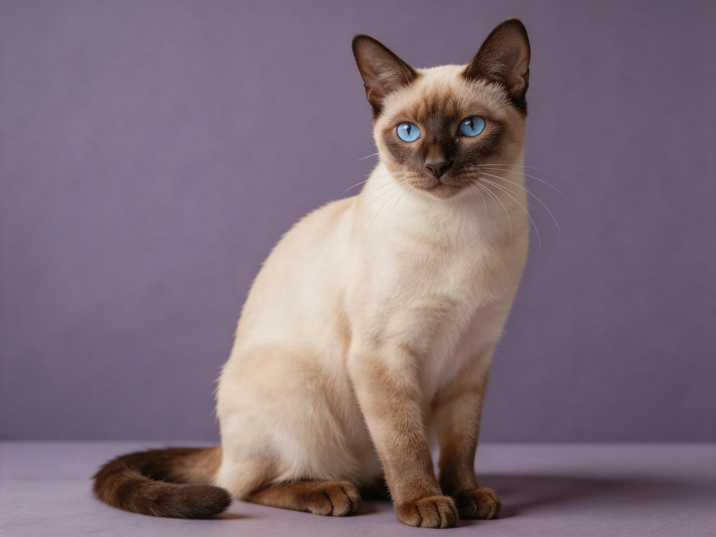A cream - colored Siamese cat with blue eyes sits against a purple backdrop