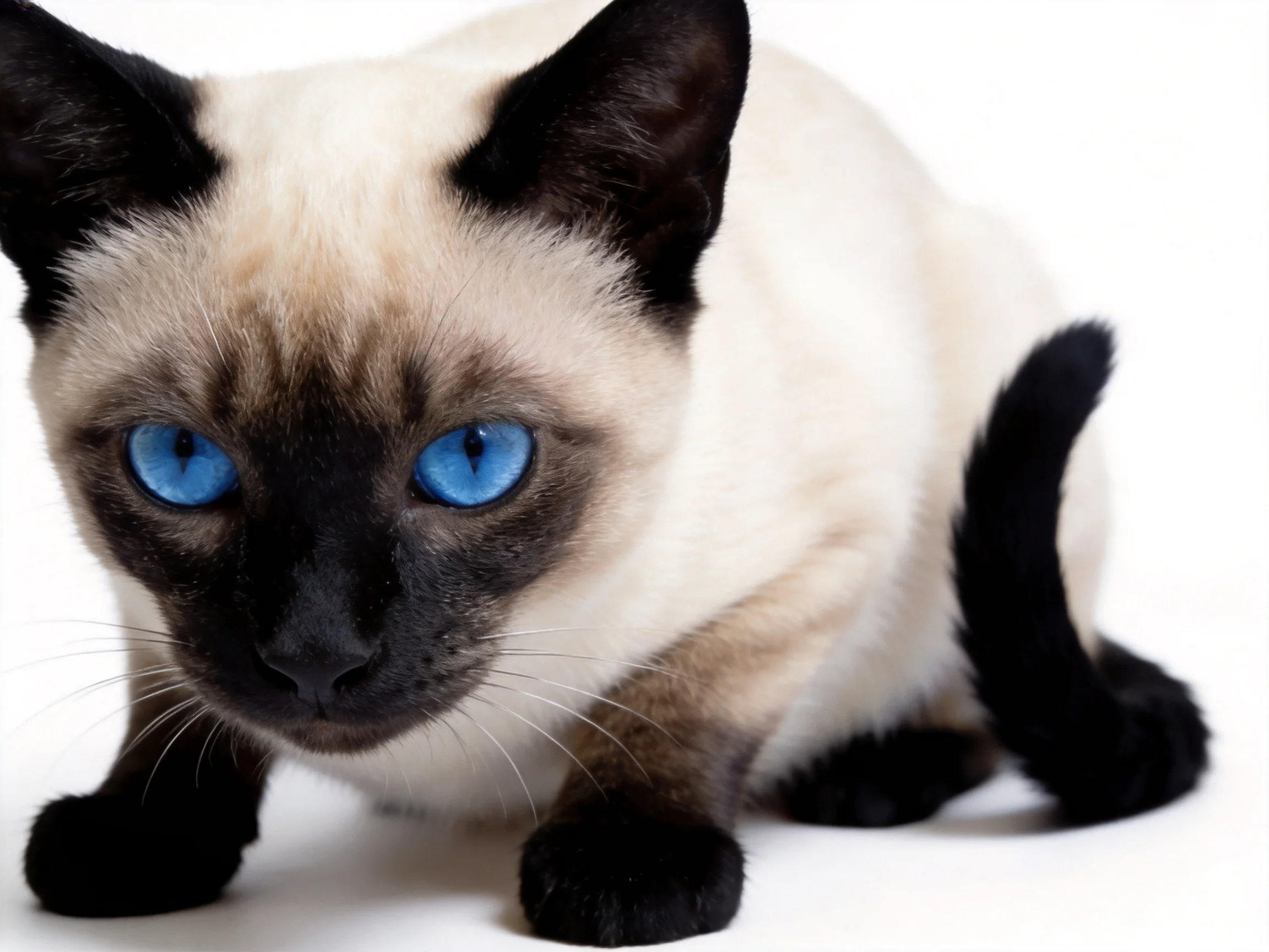 A cream - colored Siamese cat with bright blue eyes is shown up close.