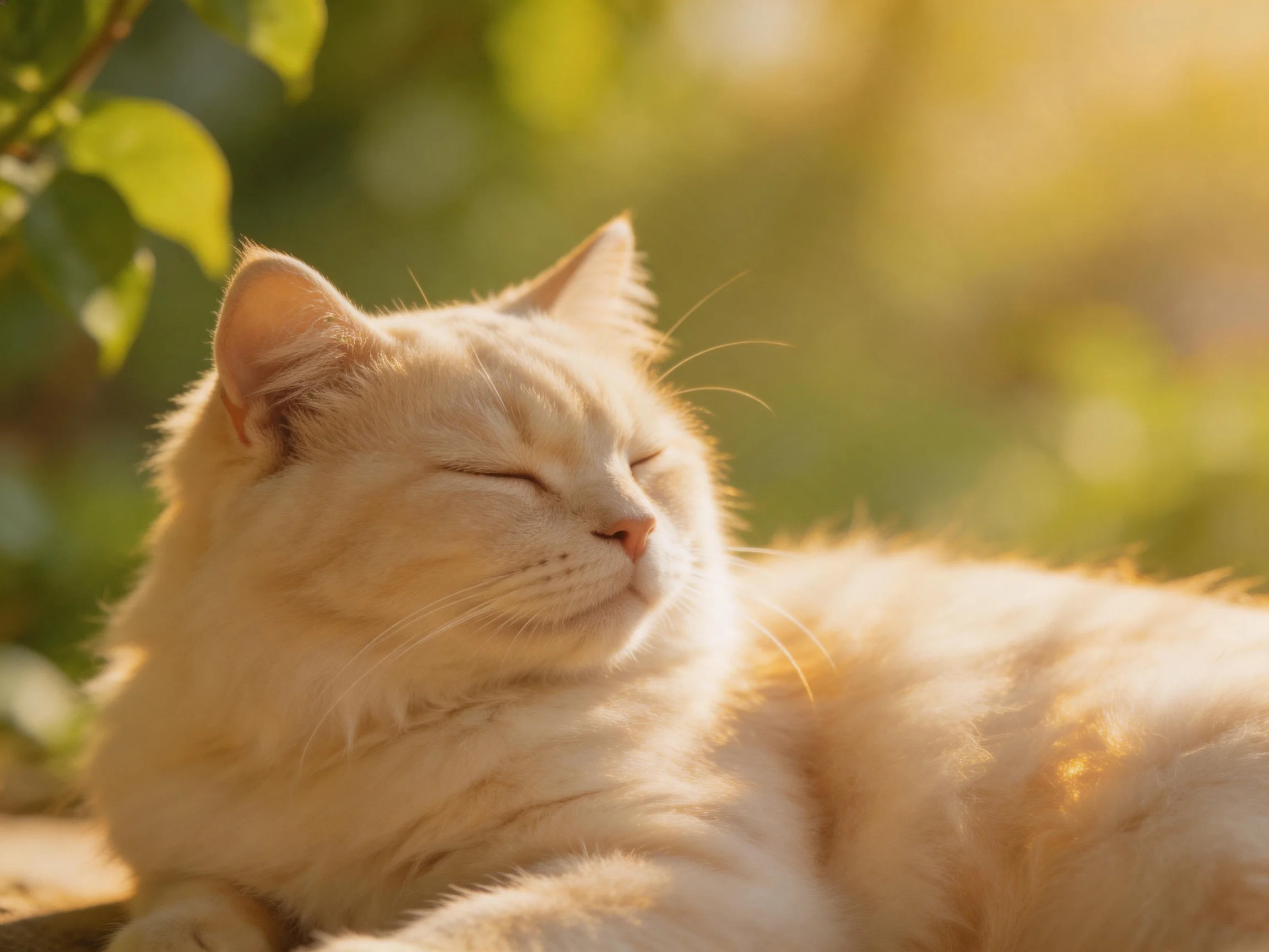 A cream - colored cat relaxes in a sunlit area surrounded by greenery.