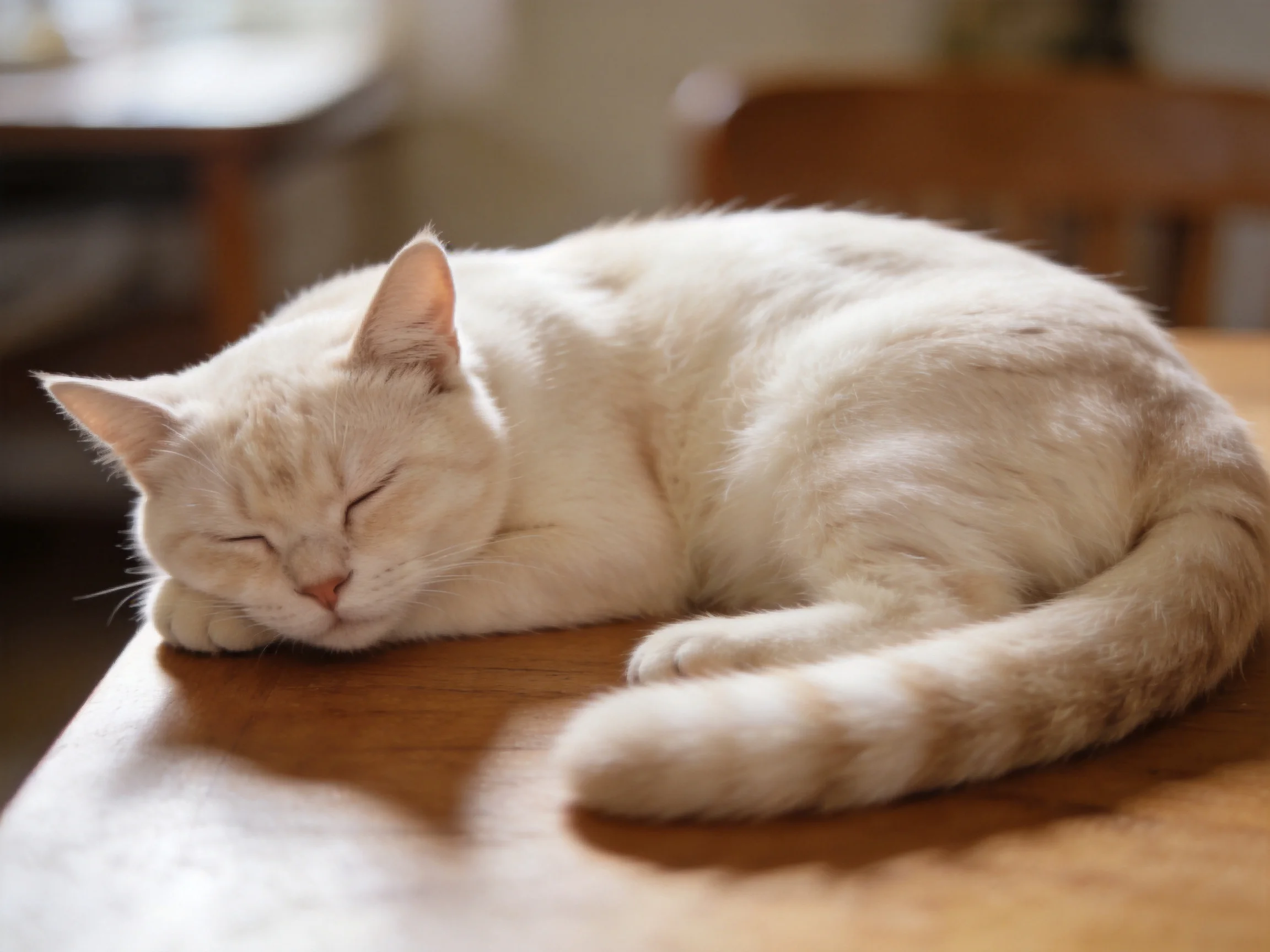 A cream - colored cat peacefully sleeps curled on a wooden table
