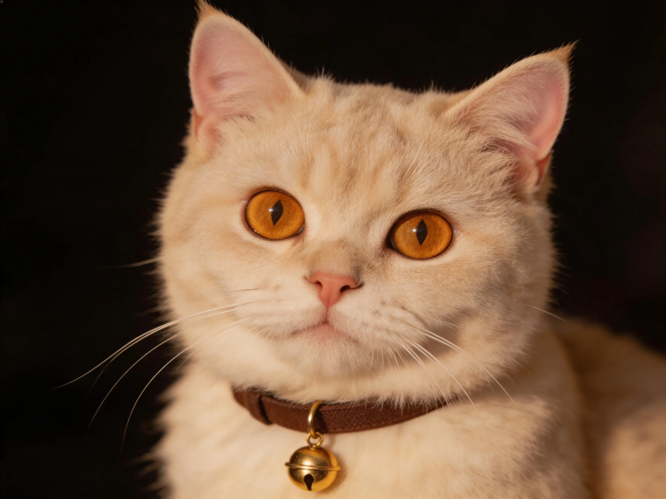A cream - colored cat with amber eyes wears a brown collar with a golden bell
