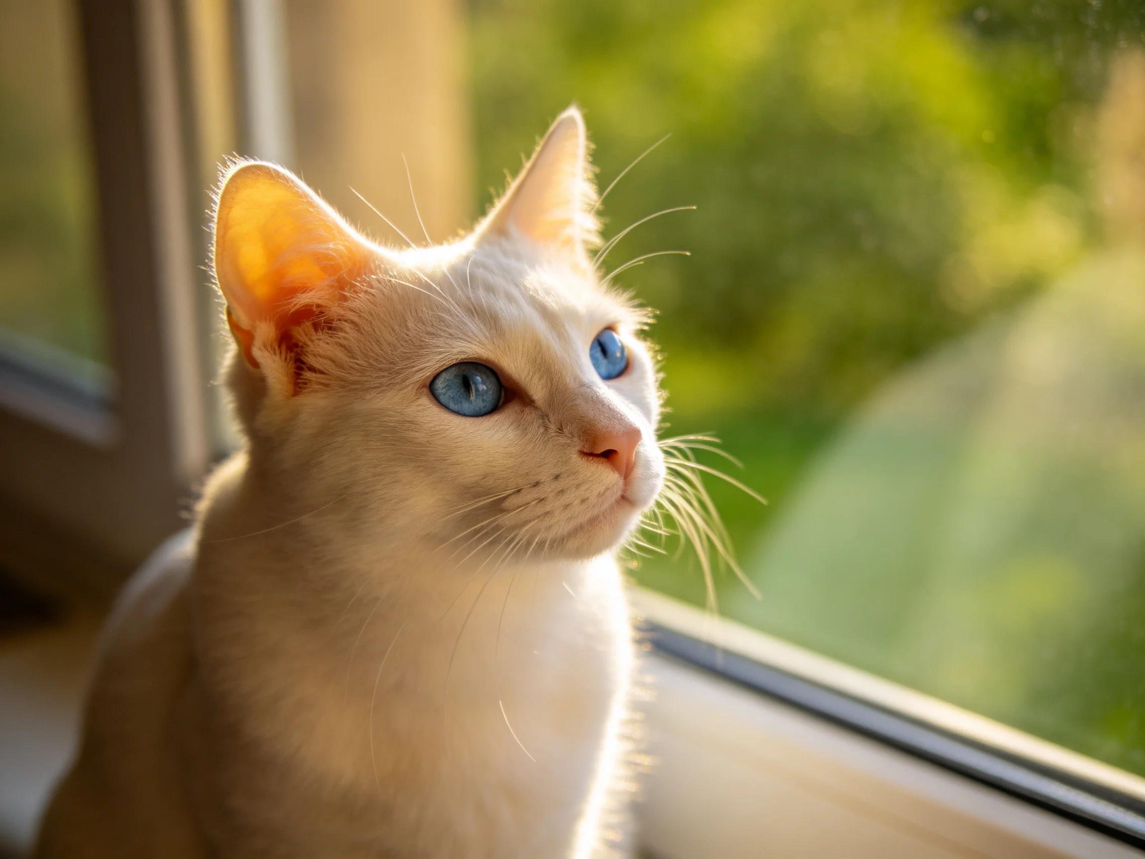 A cream - colored cat with blue eyes gazes out from a sunlit window