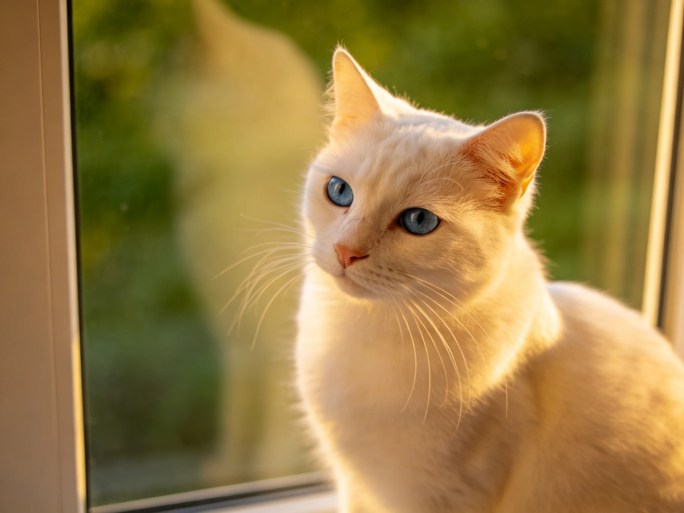 A cream - hued cat with blue eyes rests by a sunlit window.