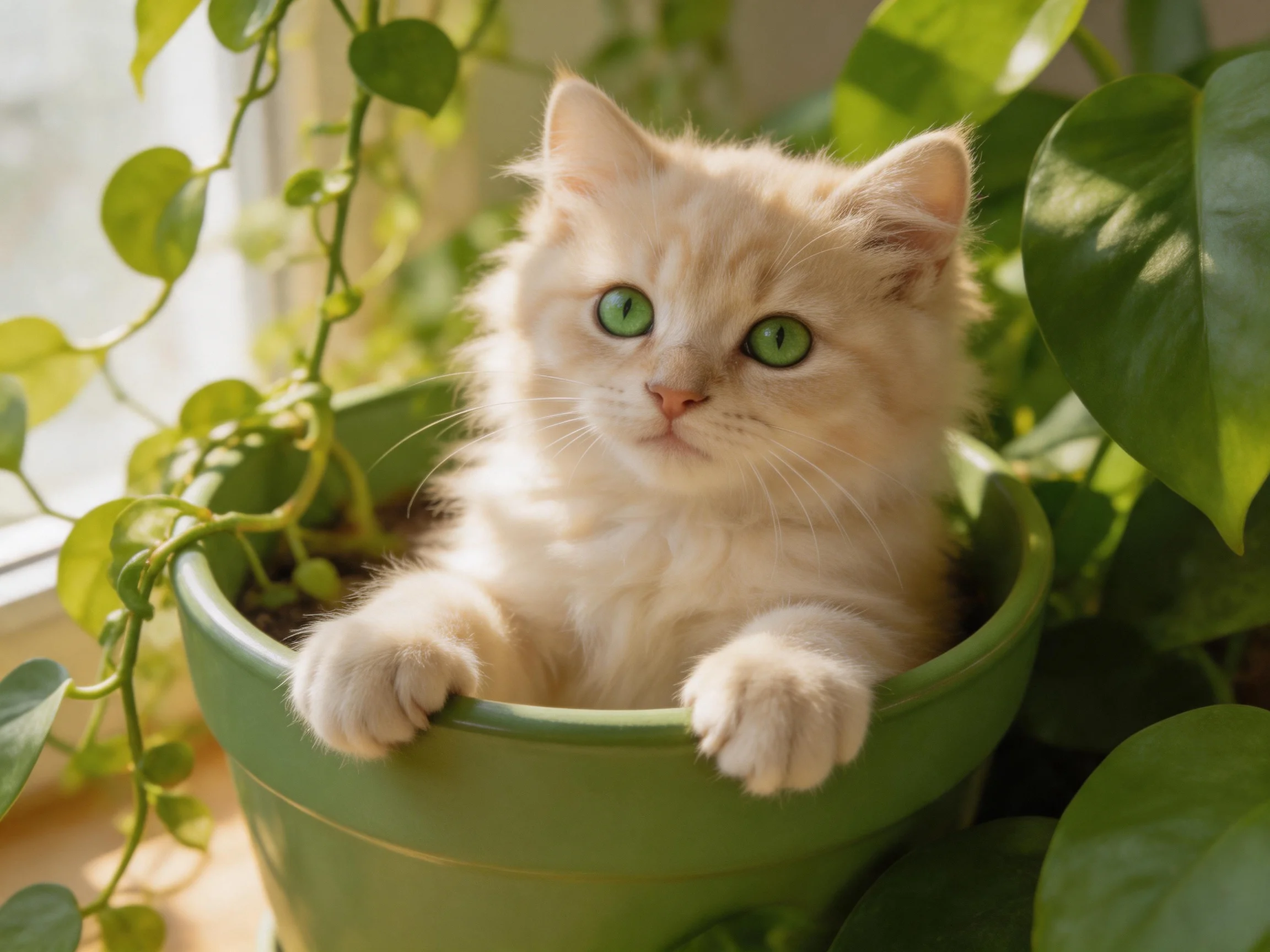 A cream - colored kitten sits inside a green flowerpot among greenery.