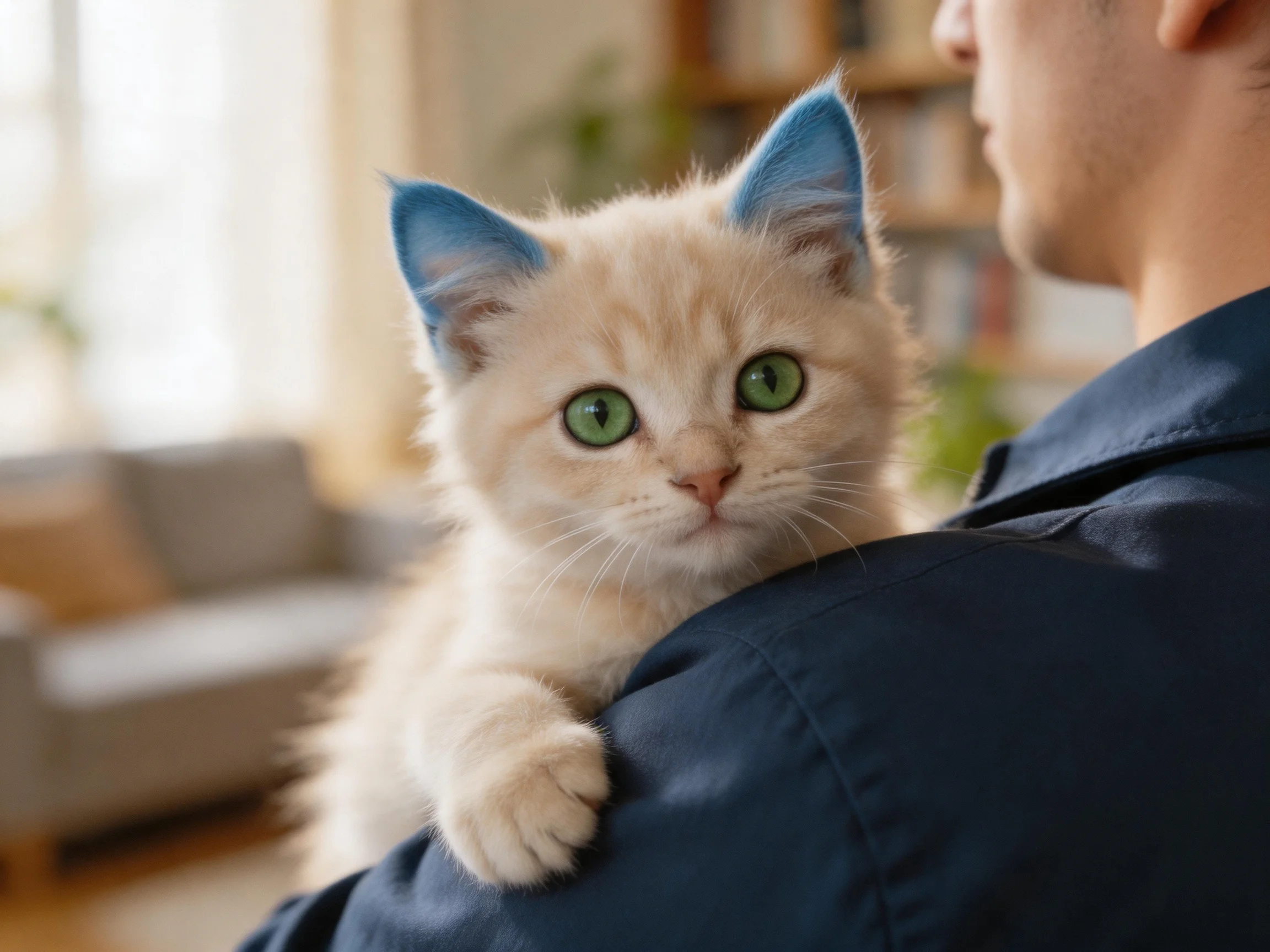 A cream - colored kitten with blue ears rests on a person’s shoulder