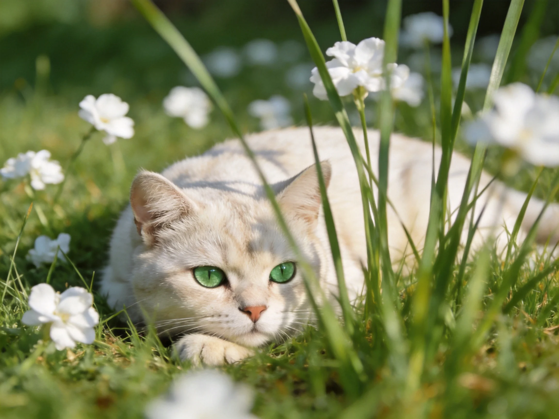 A cream - hued cat lounges amid green grass and white flowers
