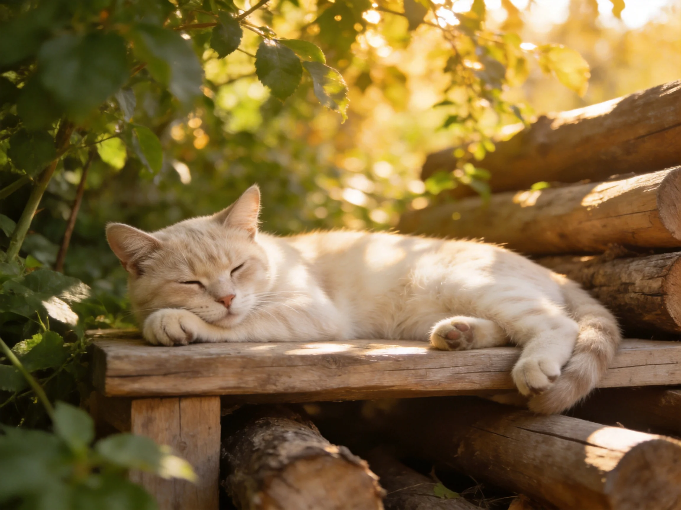 A cream - hued cat naps on wooden planks near stacked logs in sunny surroundings