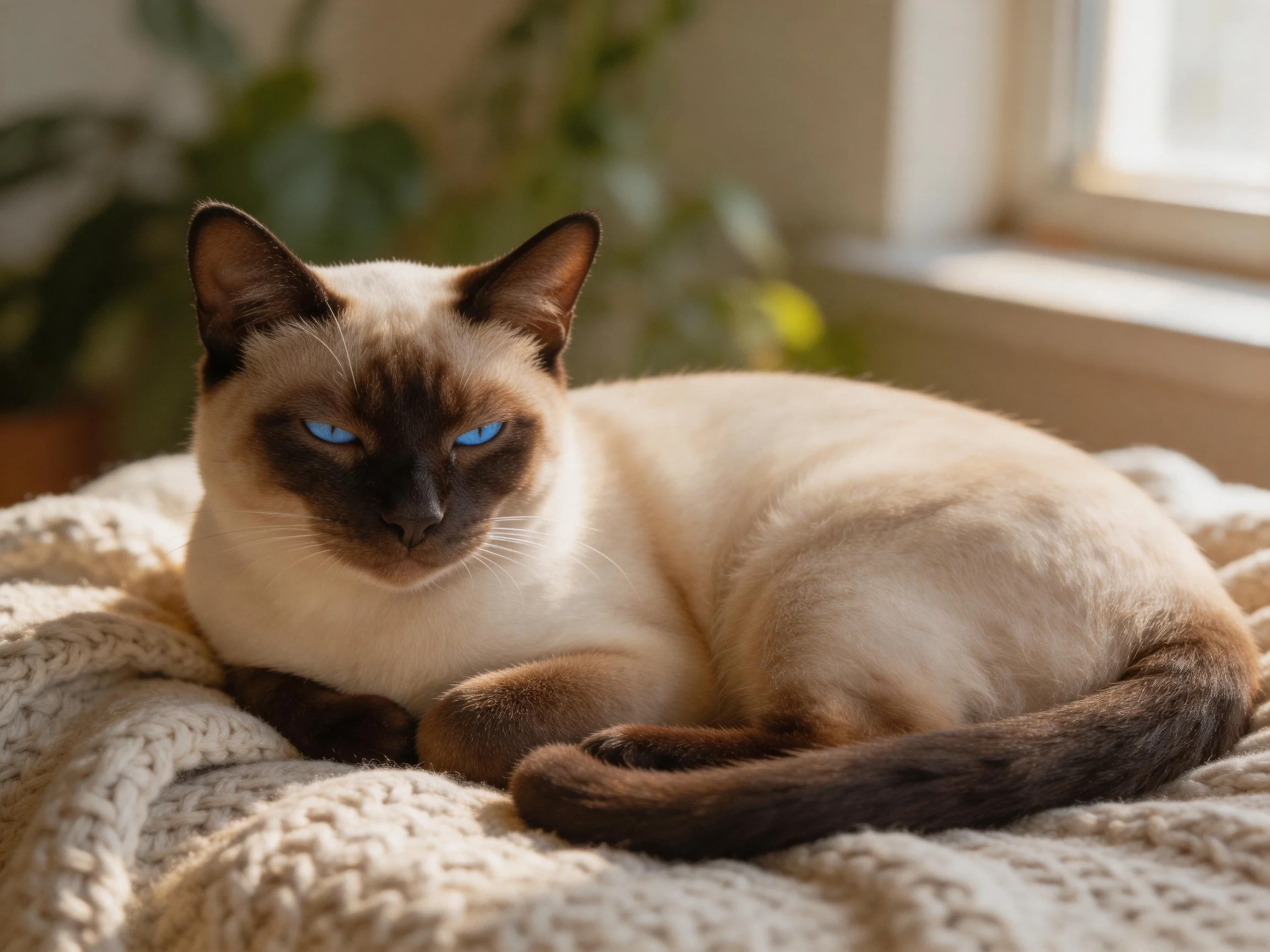 A cream and brown Siamese cat rests on a textured blanket by a sunlit window