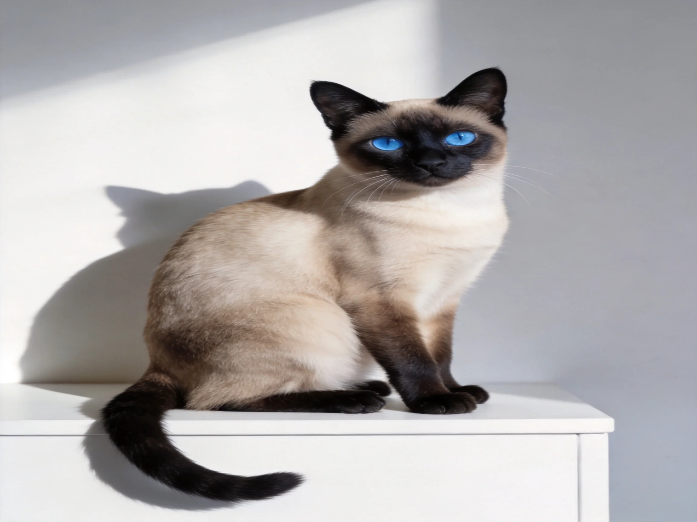 A cream and brown Siamese cat with vivid blue eyes perches on a white cabinet
