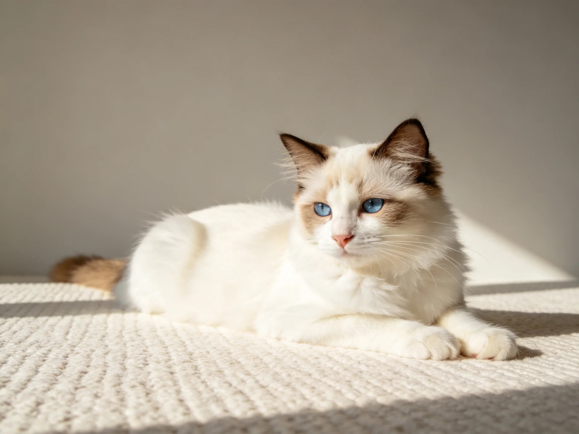 A cream-and-brown cat with blue eyes lies calmly on a soft rug in bright sunlight.