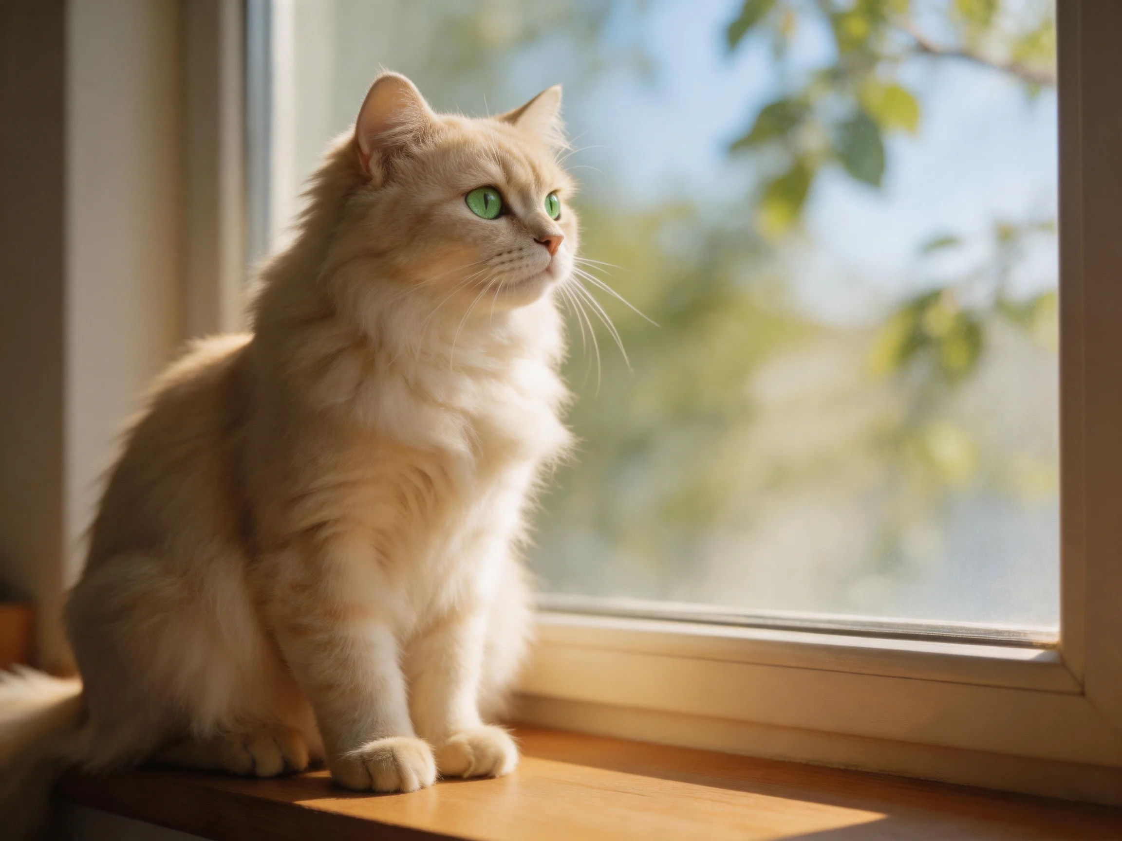 A cream-colored cat sits by a sunlit window overlooking greenery.