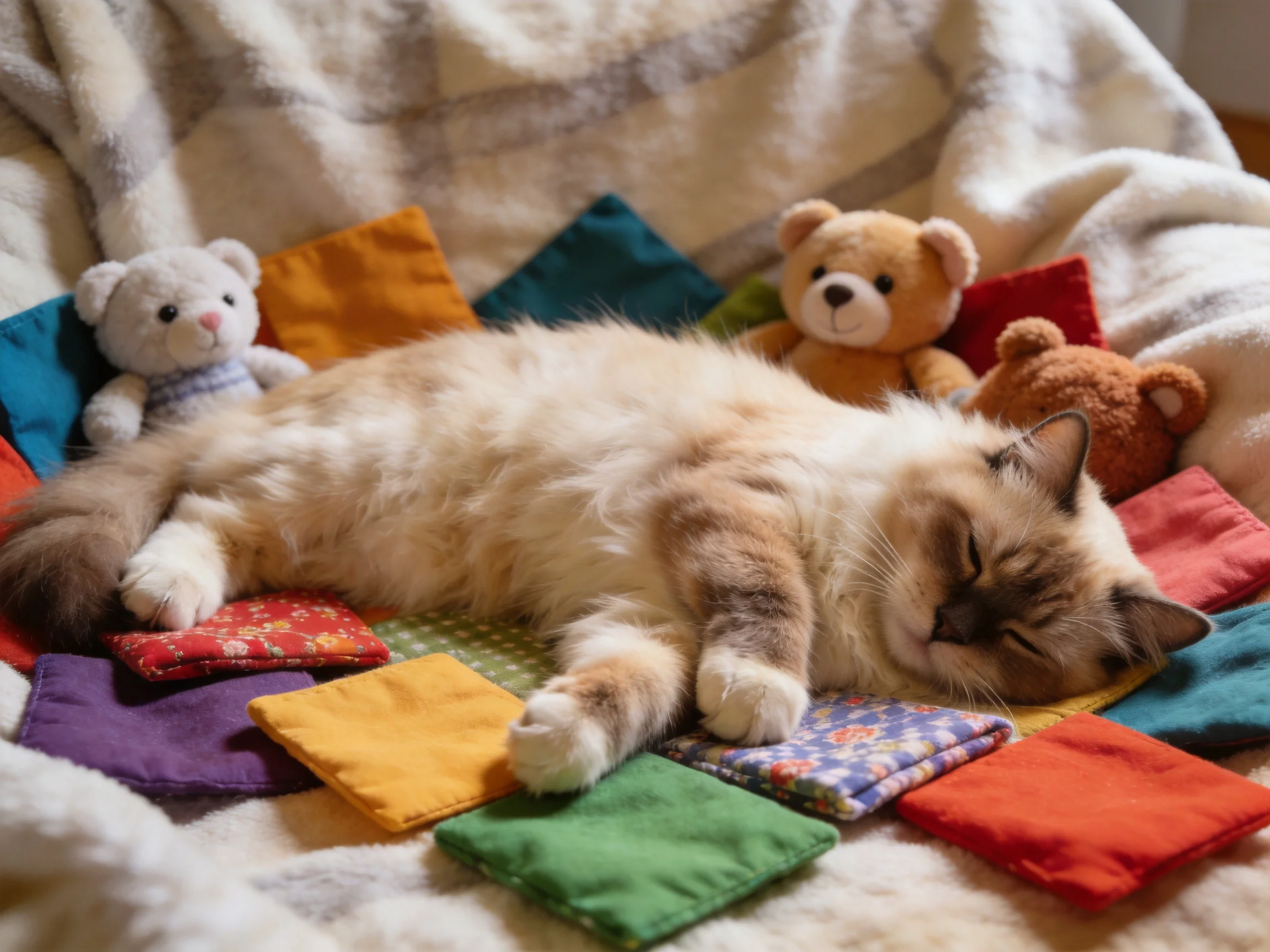 A cat rests on colored fabric squares surrounded by teddy bears.