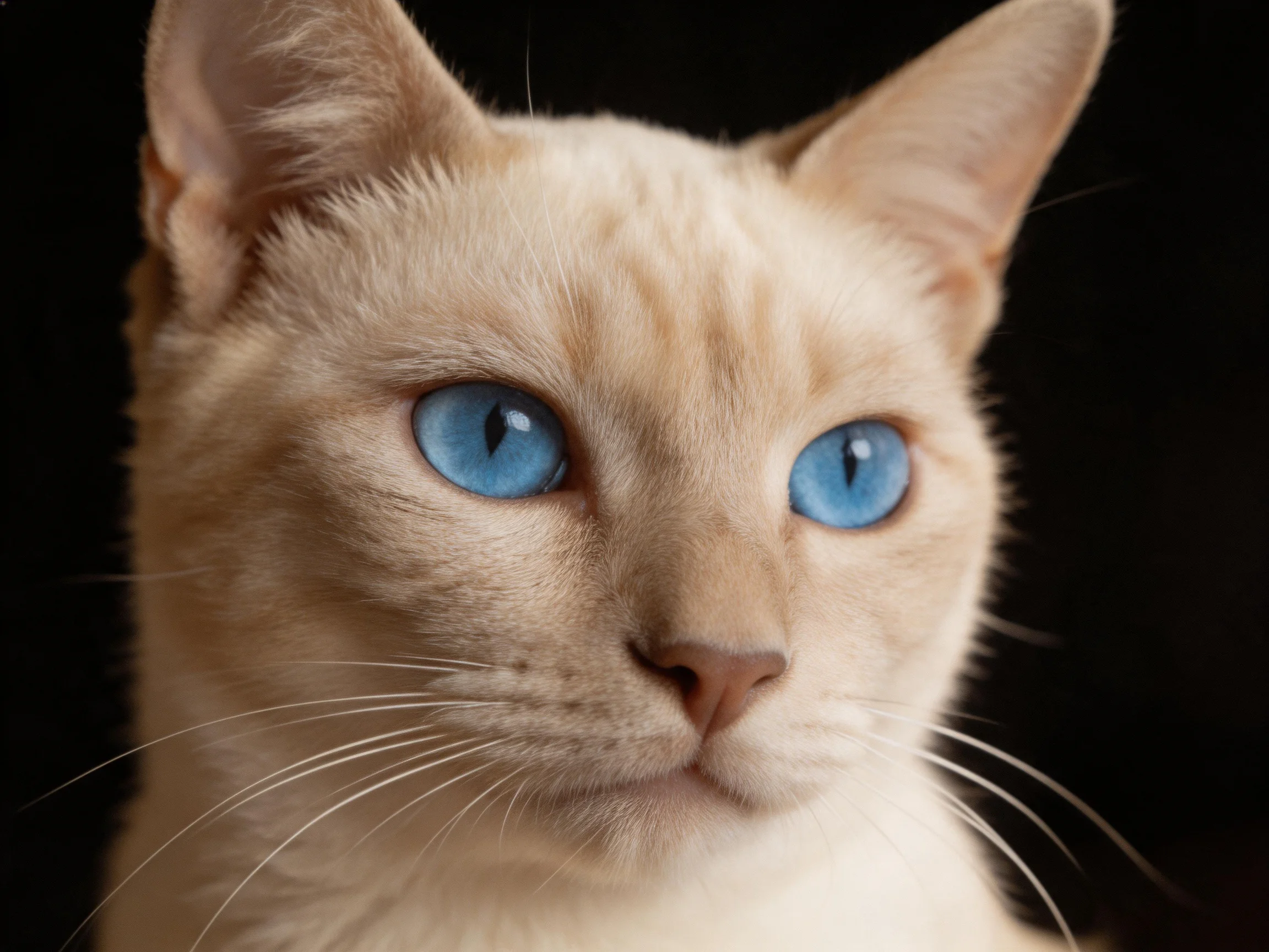 A cream-colored cat with bright blue eyes is shown against a dark background