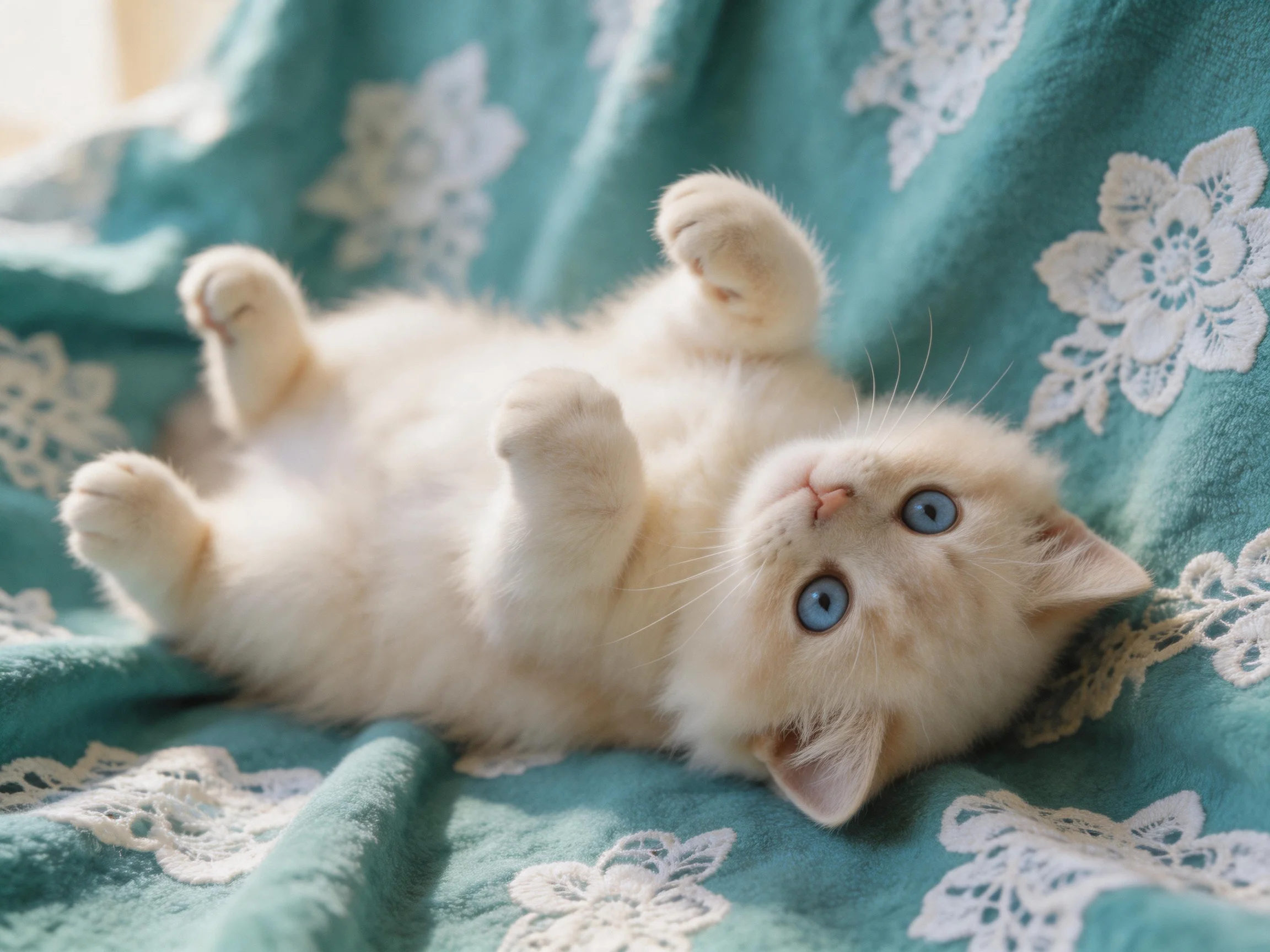 A cream-colored kitten lies on a teal lace-patterned fabric