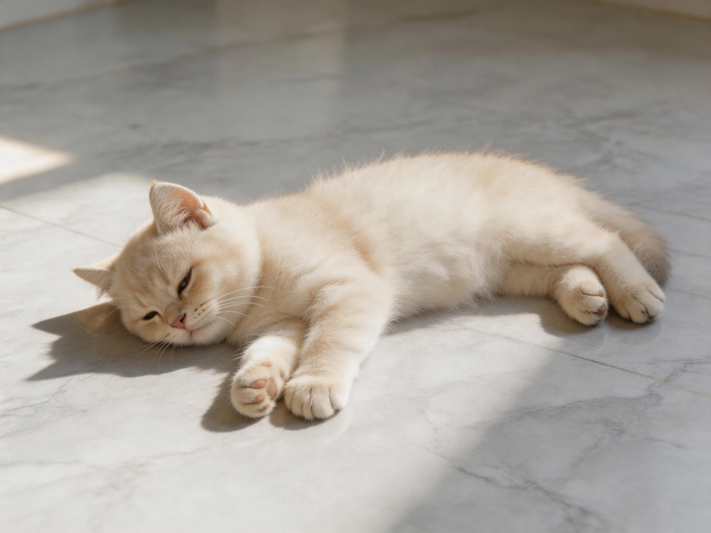 A cream-colored kitten rests on a polished marble floor in sunlight