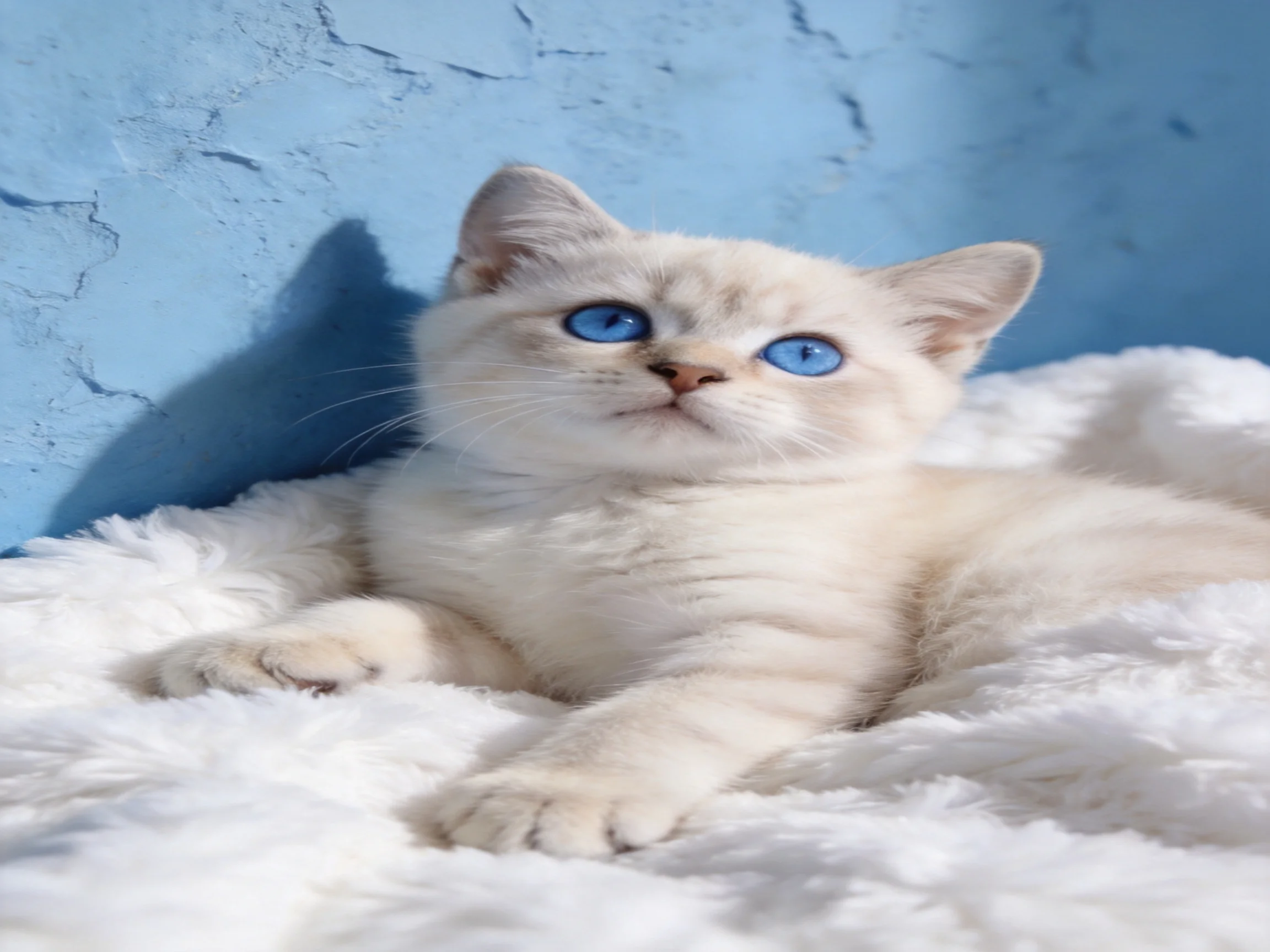 A cream-colored kitten with blue eyes relaxes on a white blanket next to a blue wall.