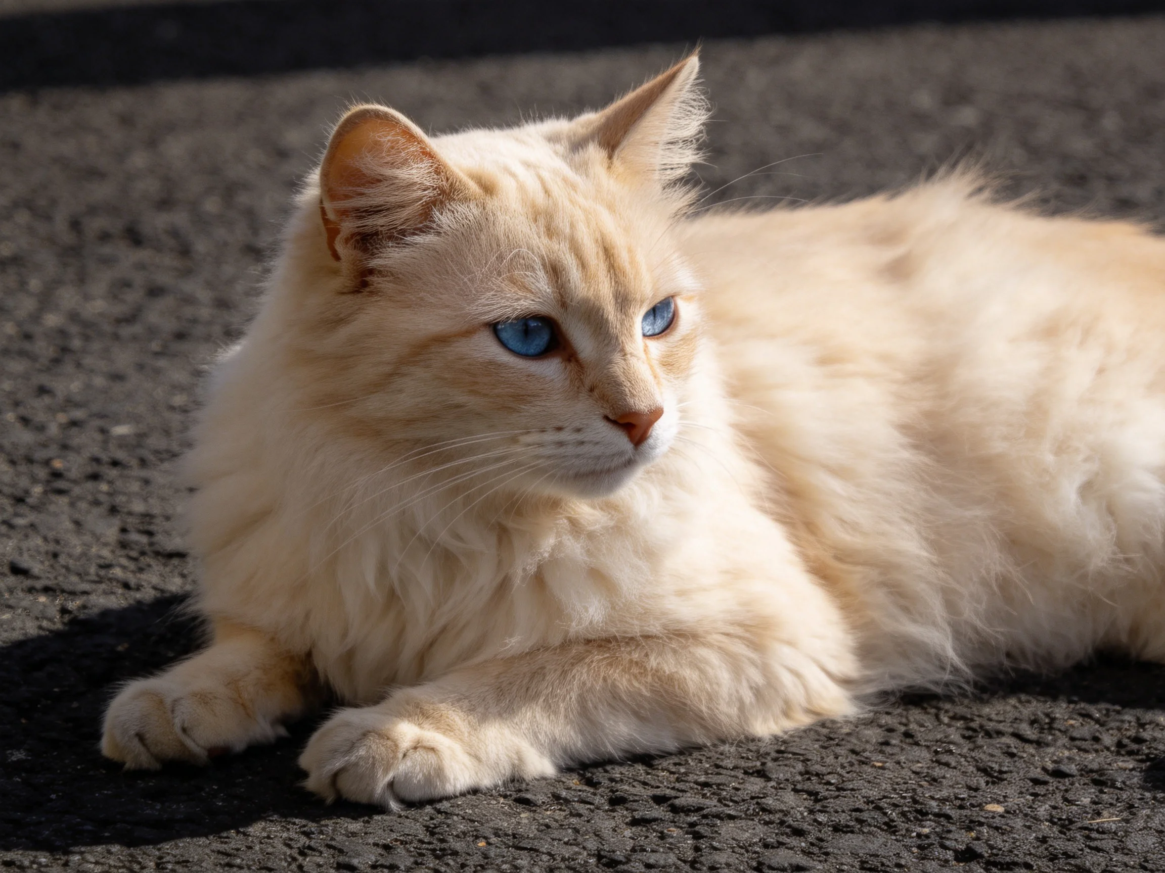 A cream-furred cat with blue eyes lies on dark asphalt