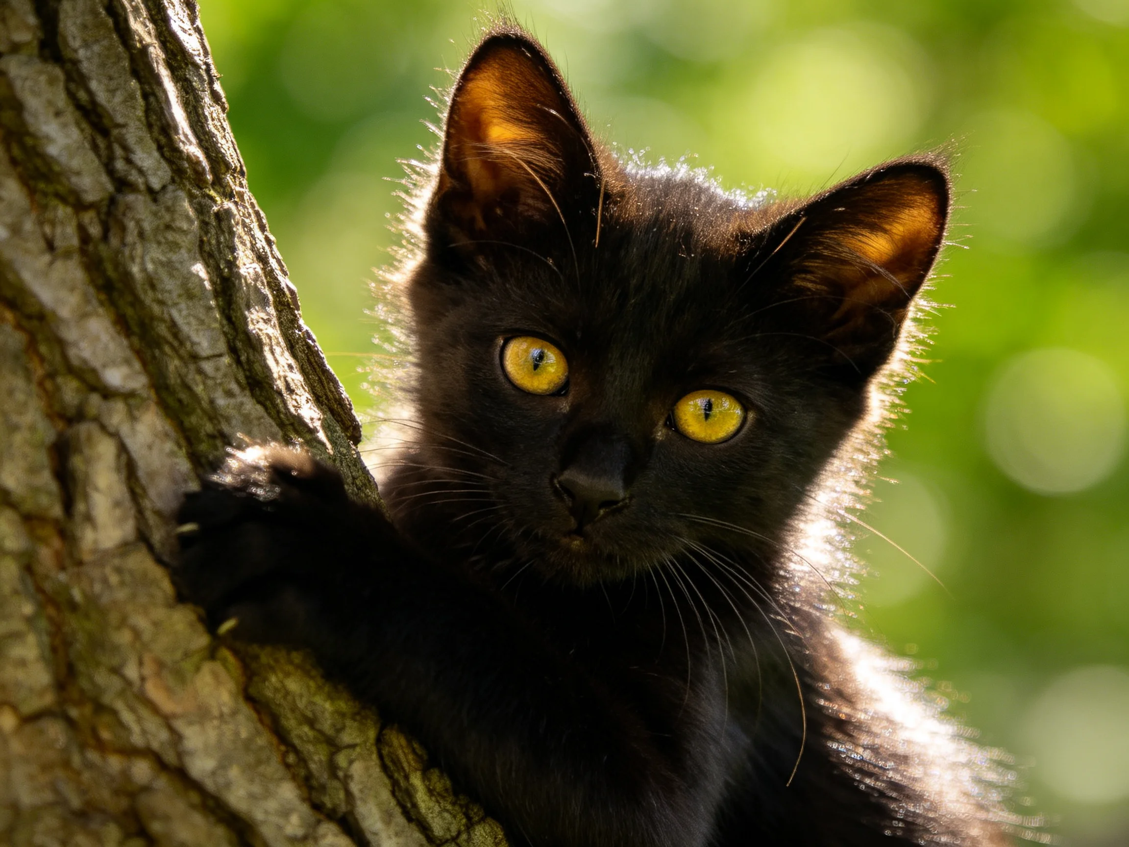 A curious black kitten clings to a tree trunk with bright yellow eyes