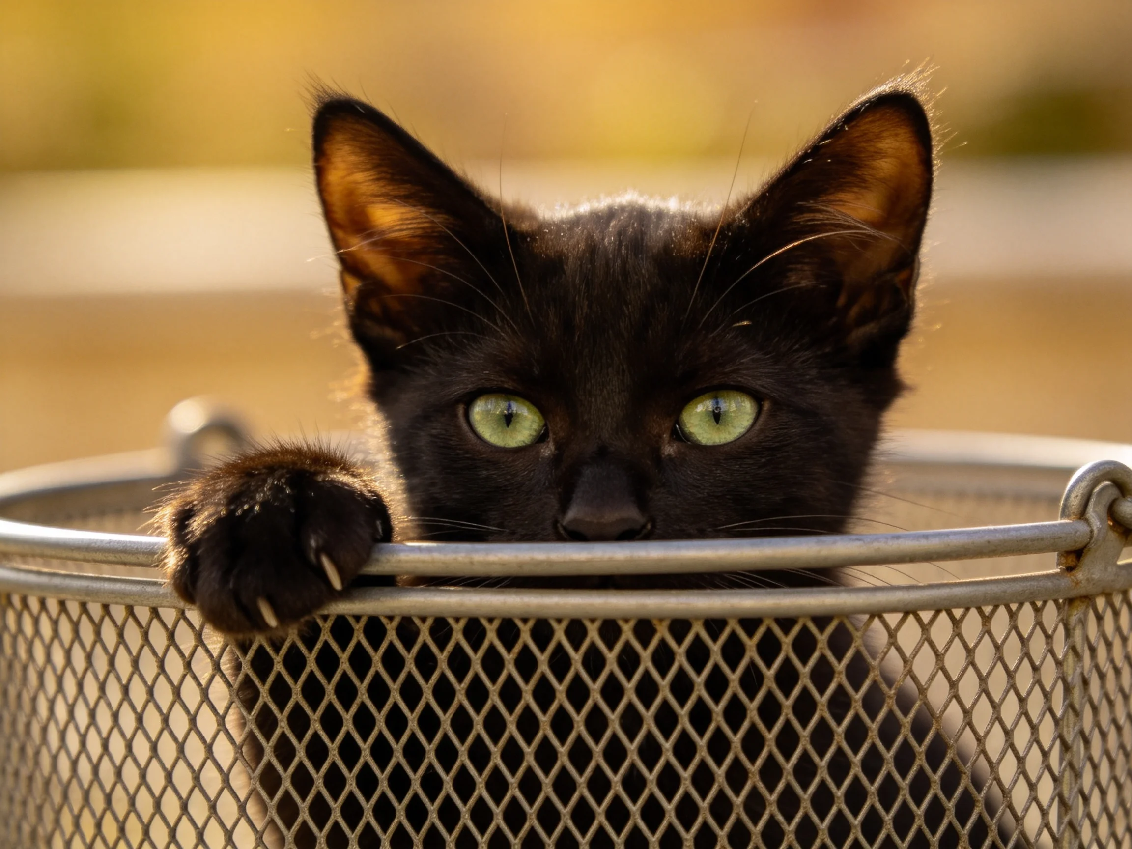 A black kitten with green eyes looks out from a metal mesh container.