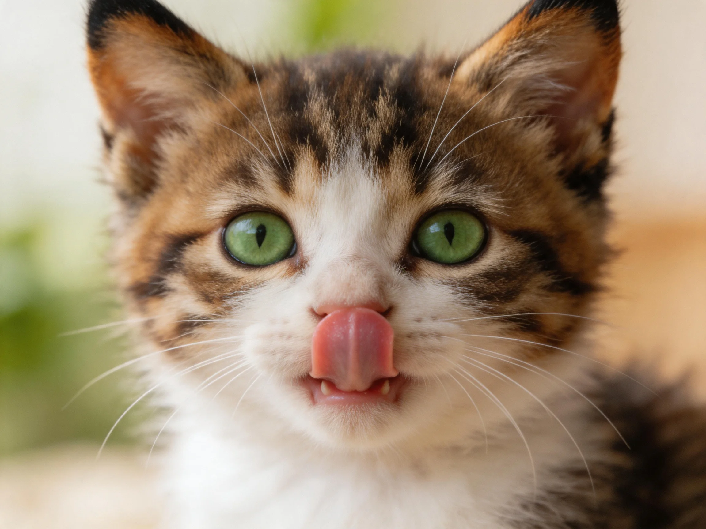 A curious calico kitten with bright green eyes sticks out its tongue.