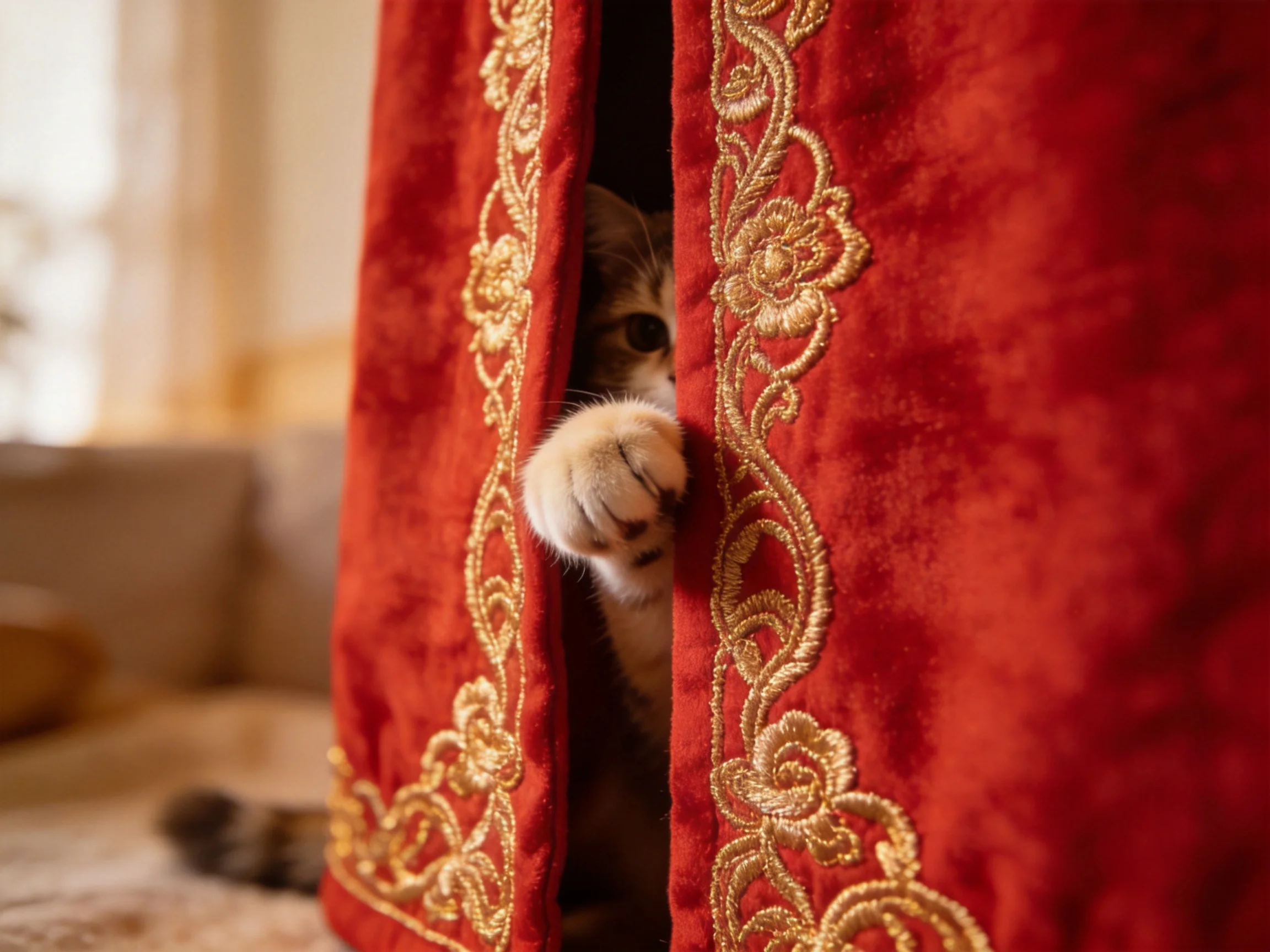 A curious cat peeks from behind an ornate red velvet curtain with golden embroidery