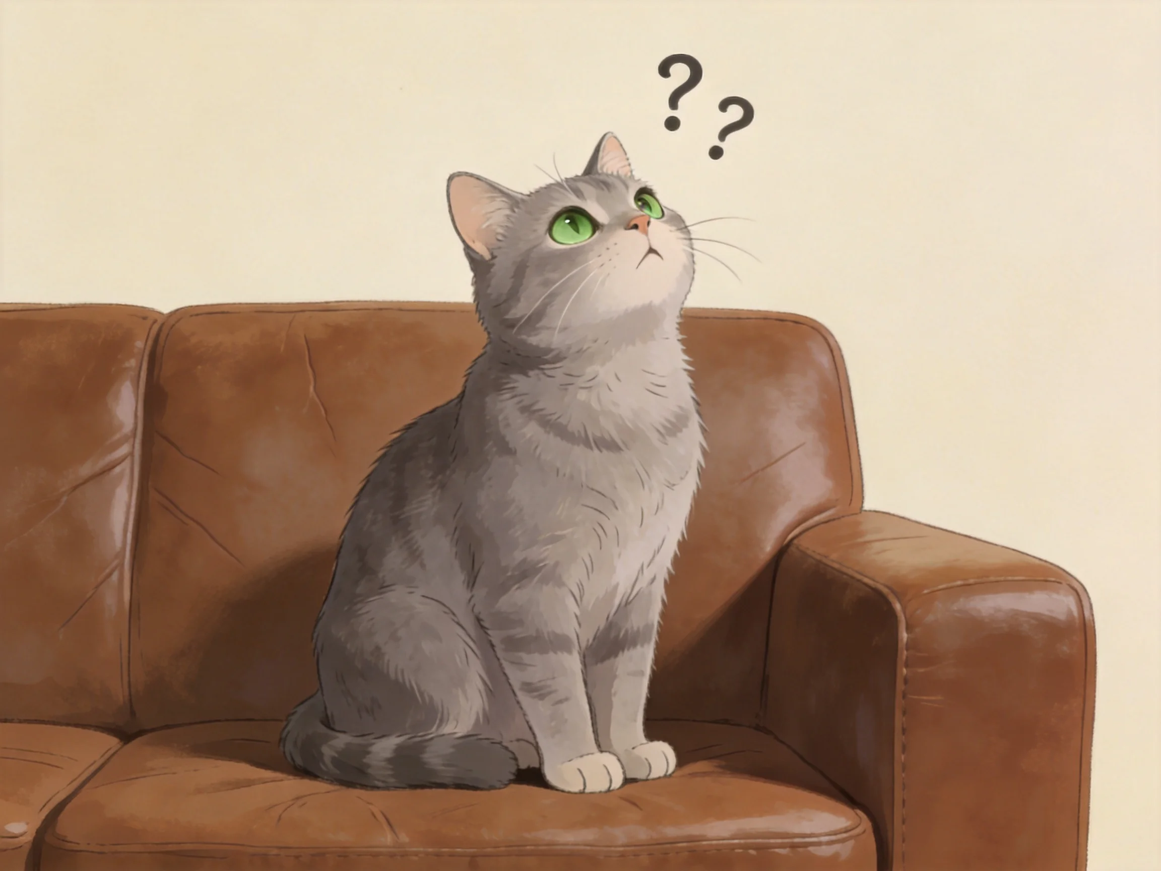 A gray cat shows confusion while sitting on a brown couch.