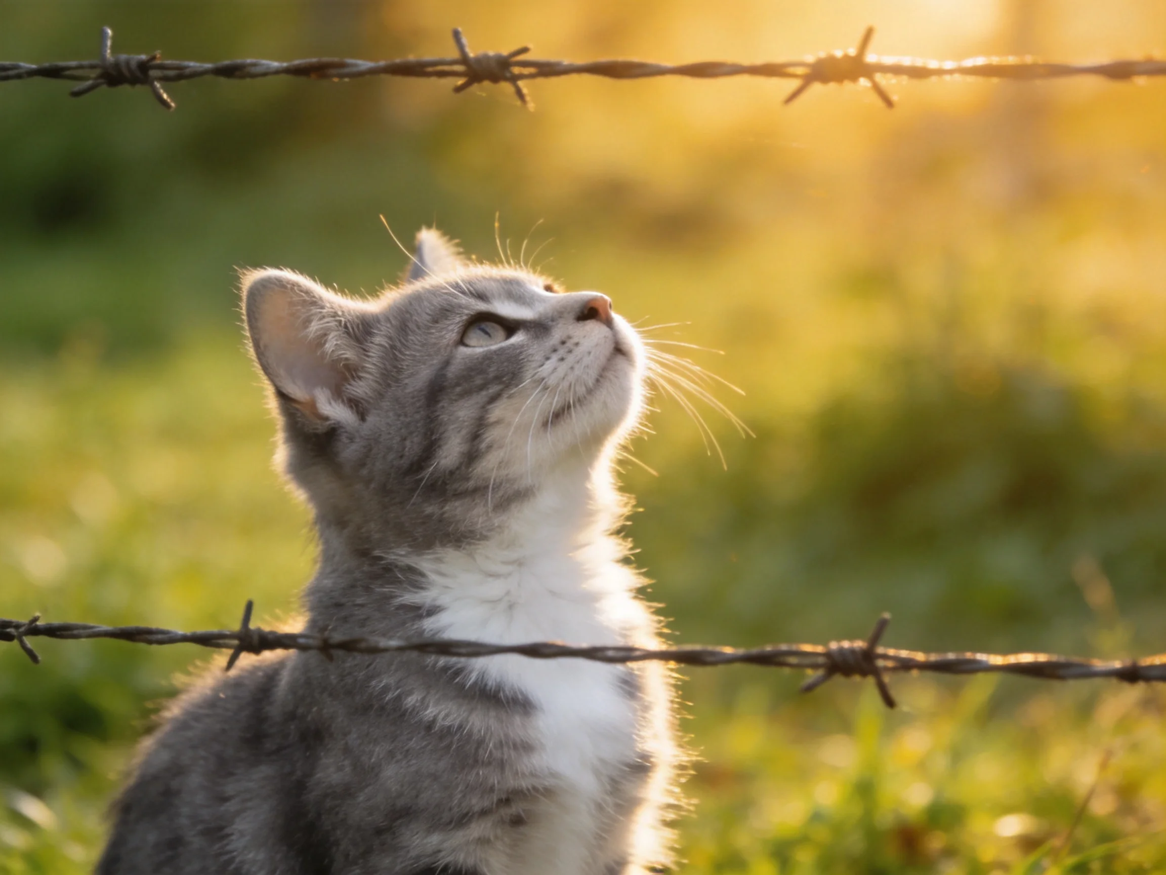 A curious gray kitten gazes upward behind barbed wire under golden sunlight