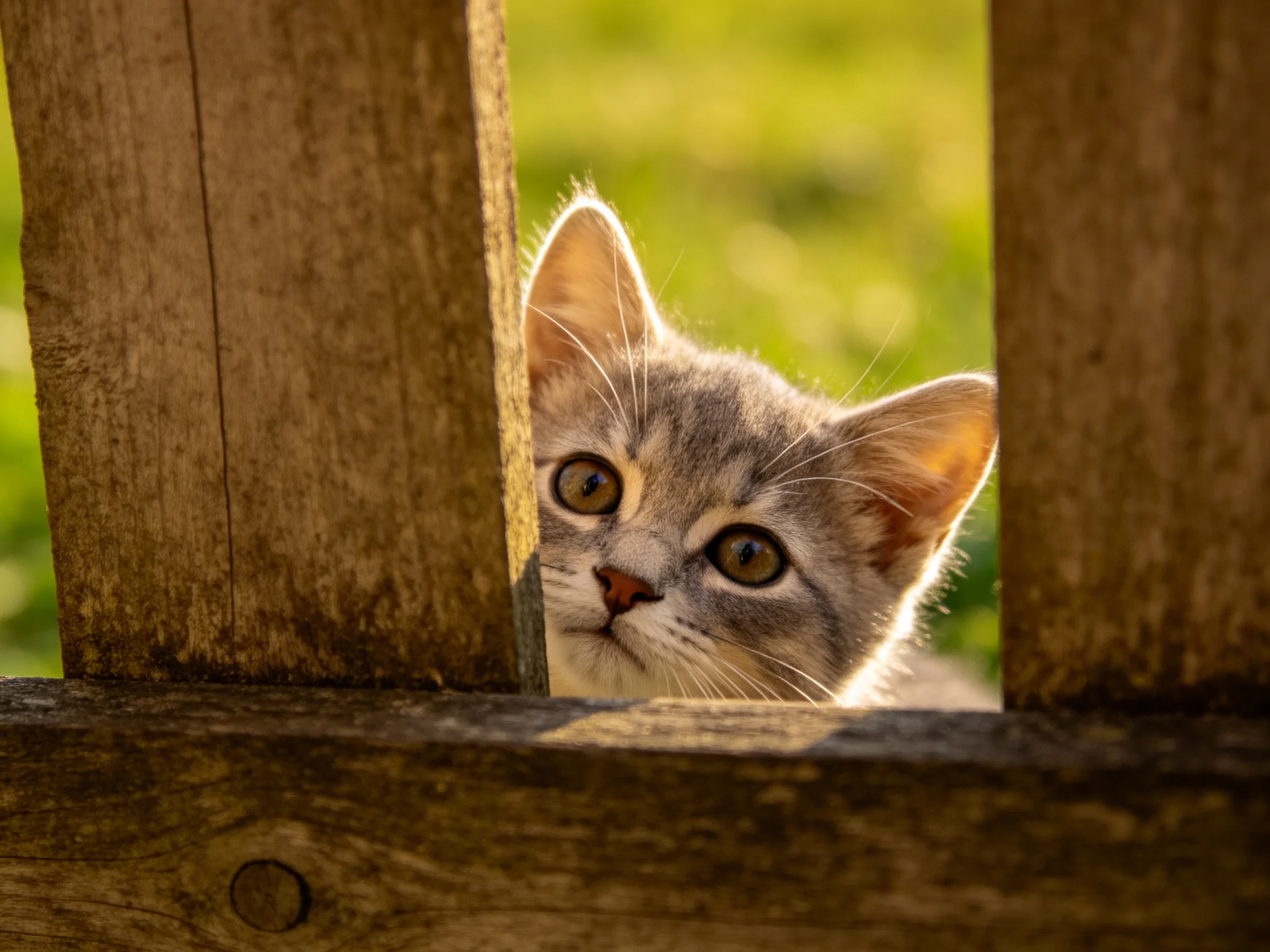 A gray kitten peers through wooden fence slats in a sunlit outdoor setting.