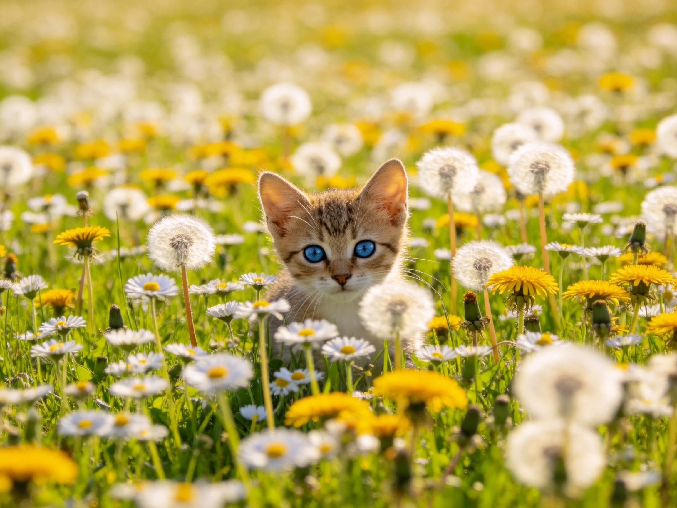 A curious kitten sits amid colorful flowers in a sunlit field.