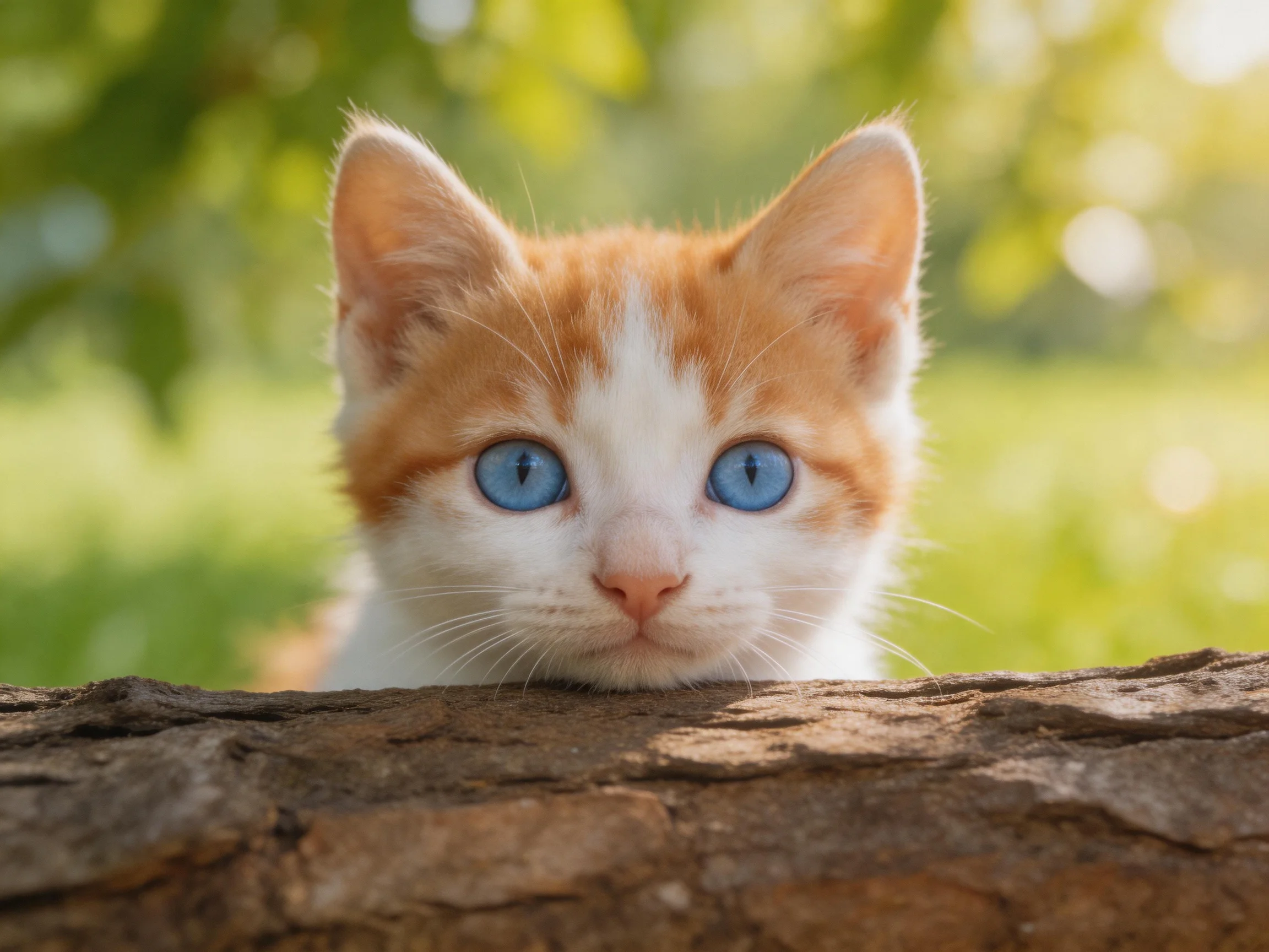 A curious orange-and-white kitten with bright blue eyes peeks from behind a tree trunk outdoors.