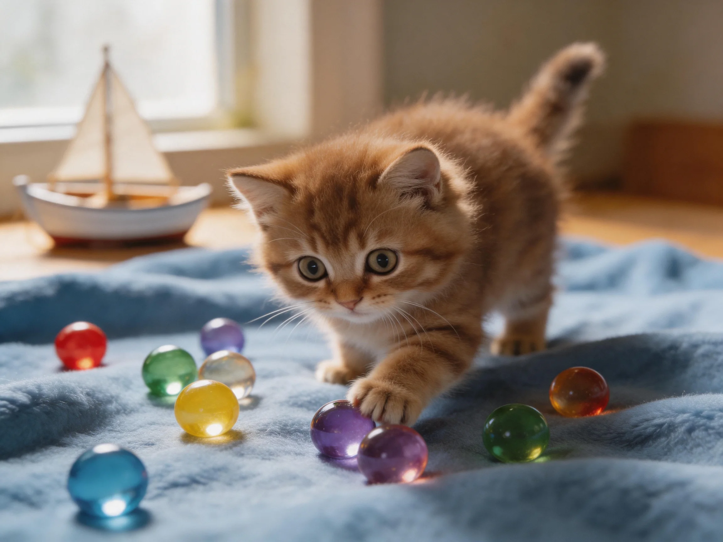 A curious orange kitten explores colorful marbles on a soft blue blanket