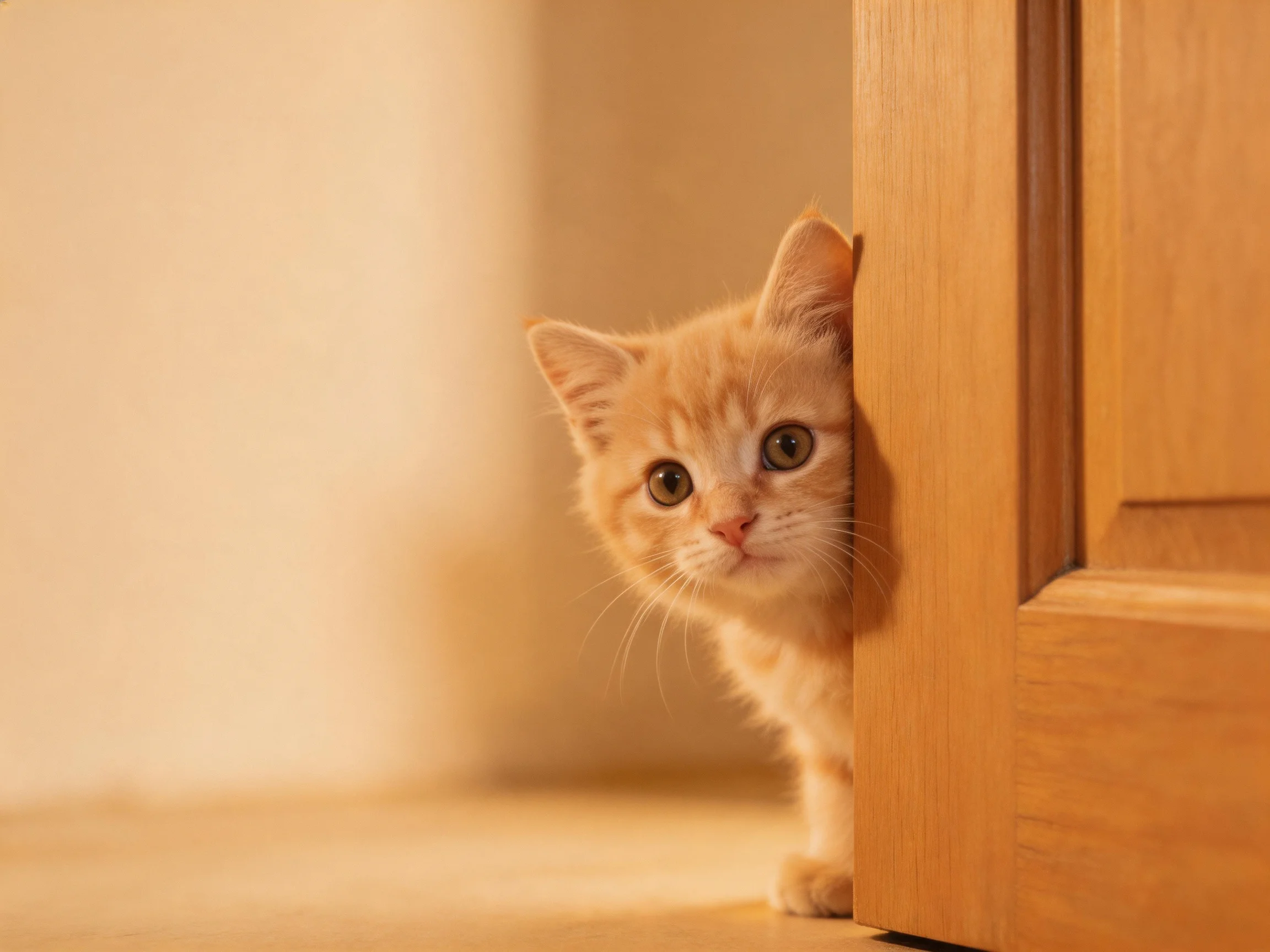 An orange kitten curiously peeks from behind a wooden door